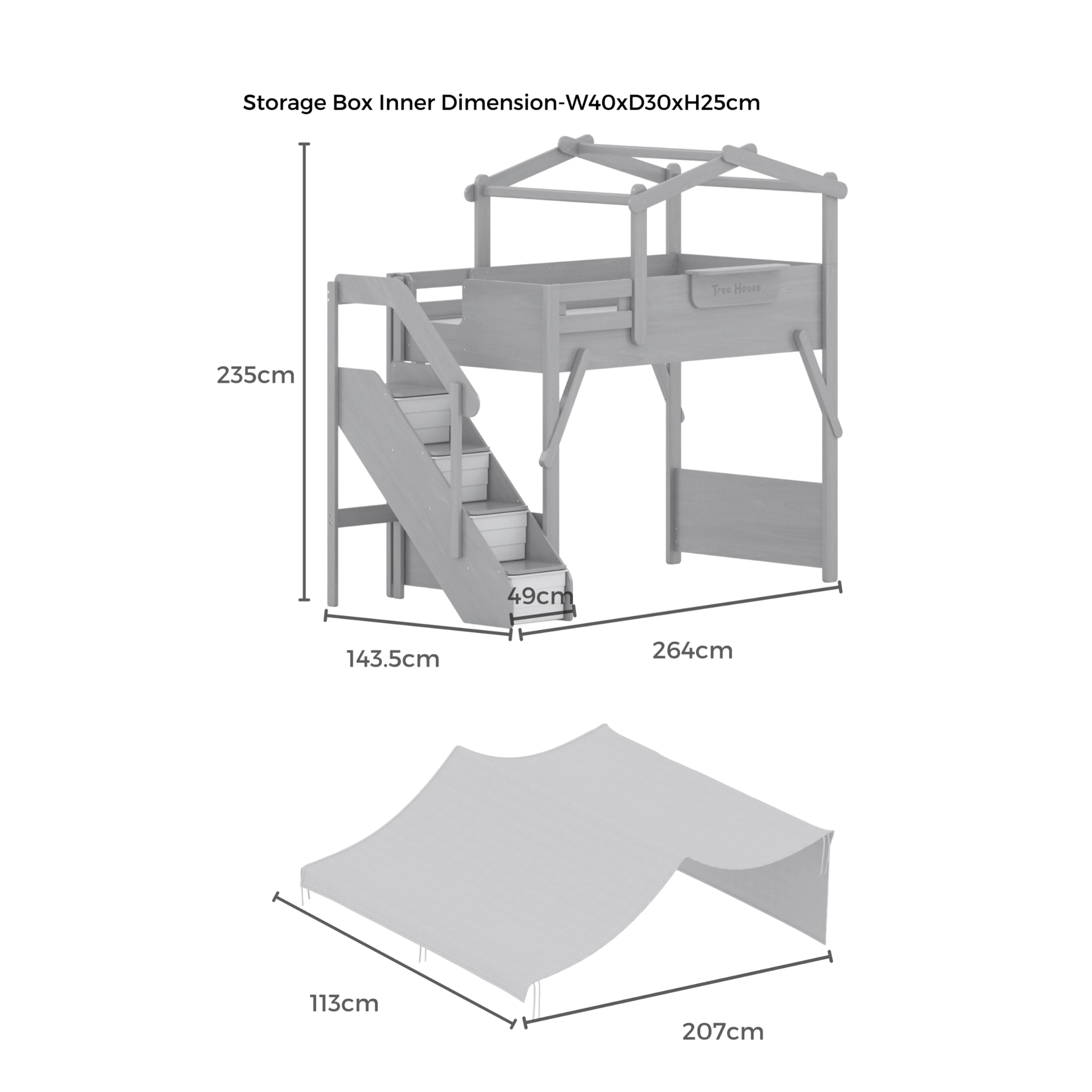 Boori Treehouse Kids NZ King Single Loft Bed + Roof Frame and Storage Staircase with Tent Canopy, Beech