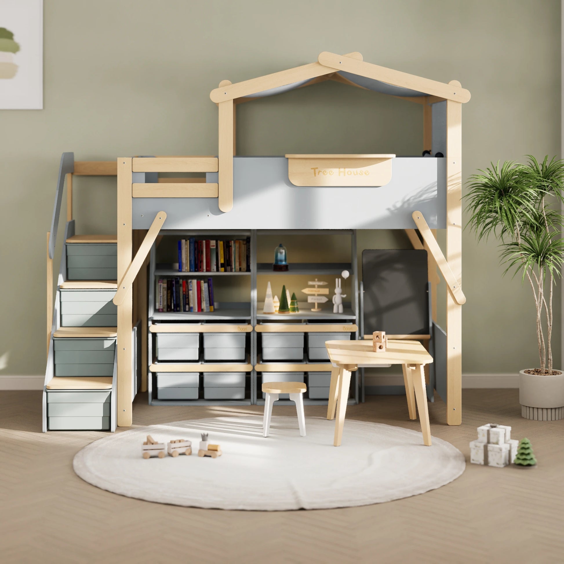 Boori Treehouse Kids NZ King Single Loft Bed + Roof Frame and Storage Staircase with Tent Canopy, Blueberry