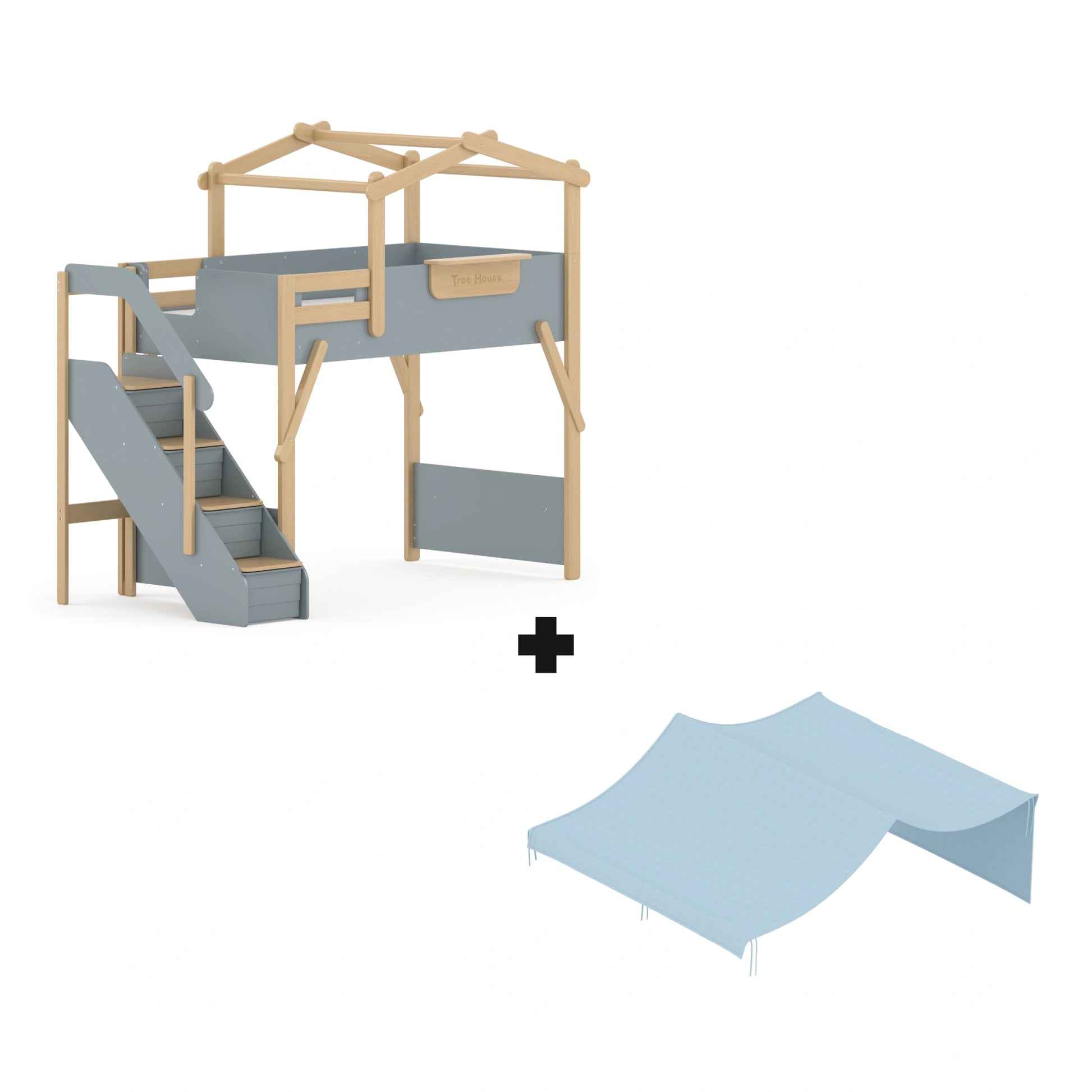 Boori Treehouse Kids NZ King Single Loft Bed + Roof Frame and Storage Staircase with Tent Canopy, Blueberry