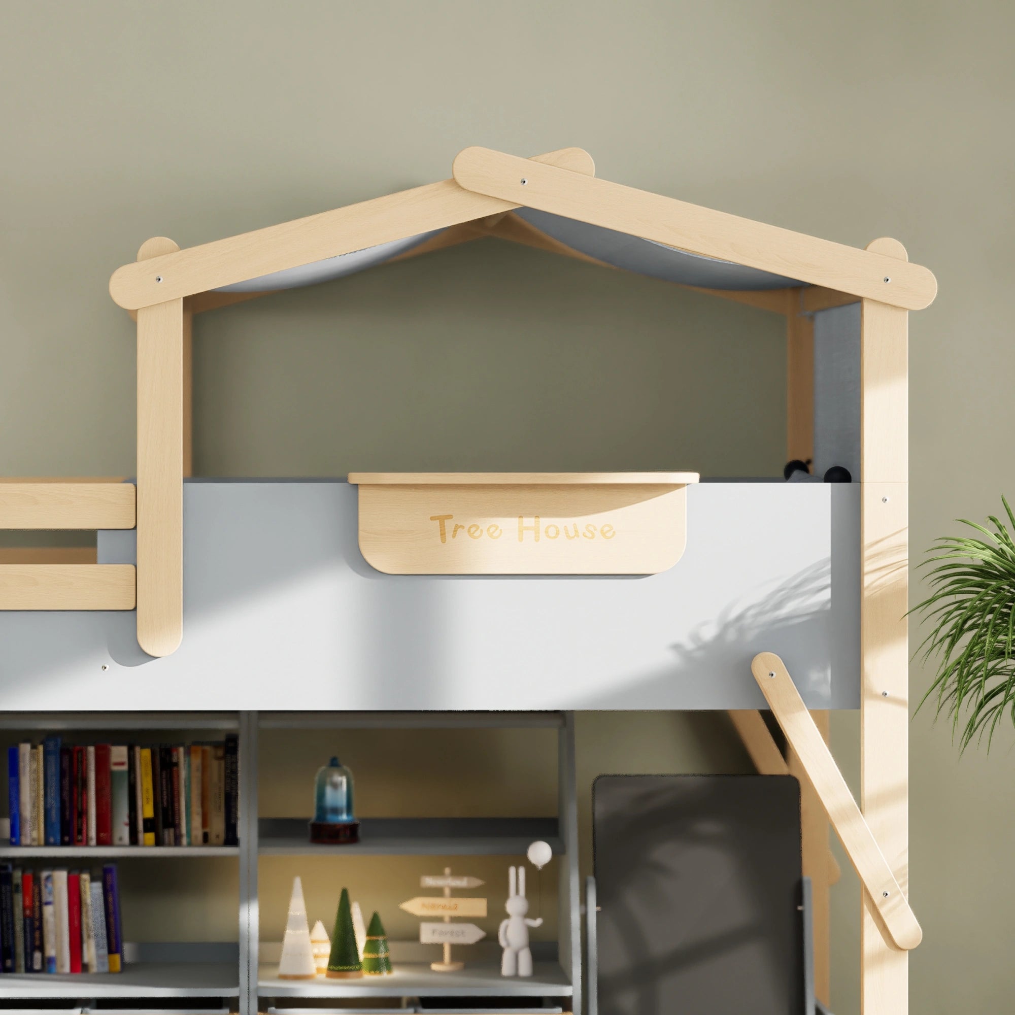 Boori Treehouse Kids NZ King Single Loft Bed + Roof Frame and Storage Staircase with Tent Canopy, Blueberry