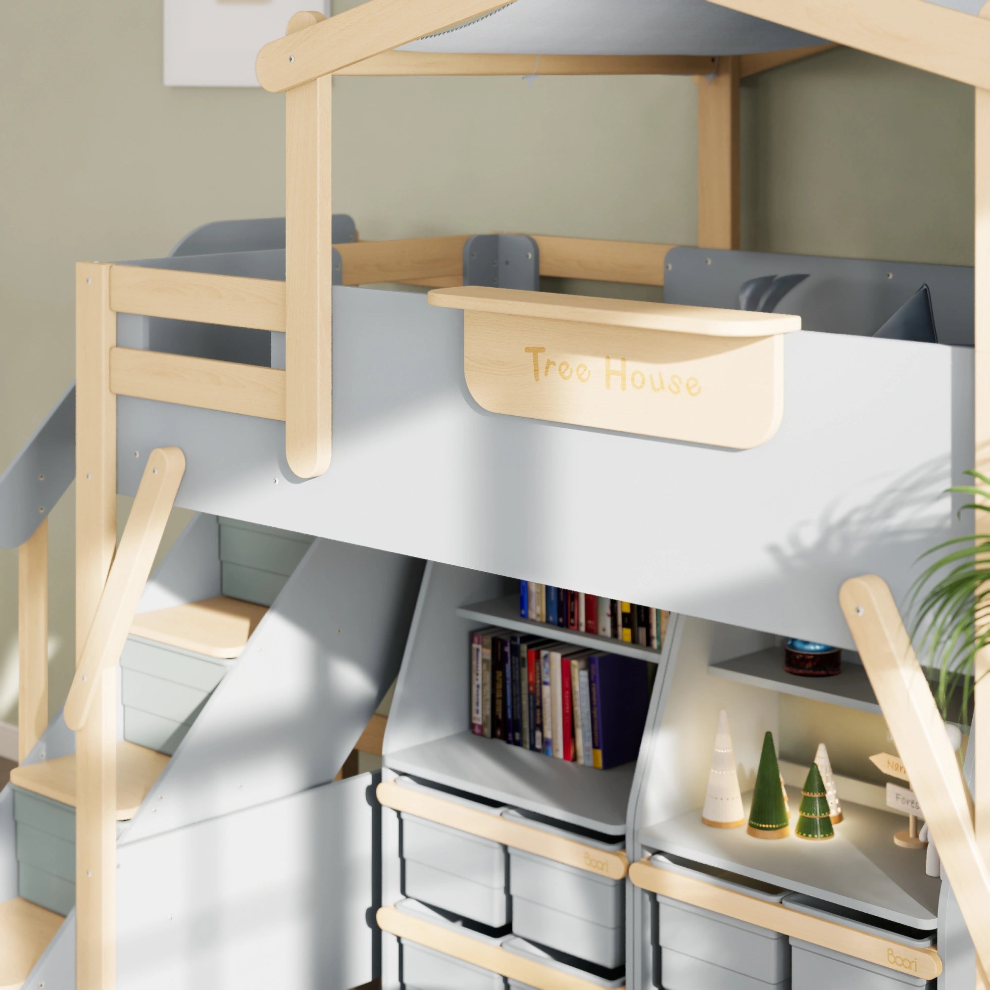 Boori Treehouse Kids NZ King Single Loft Bed + Roof Frame and Storage Staircase with Tent Canopy, Blueberry