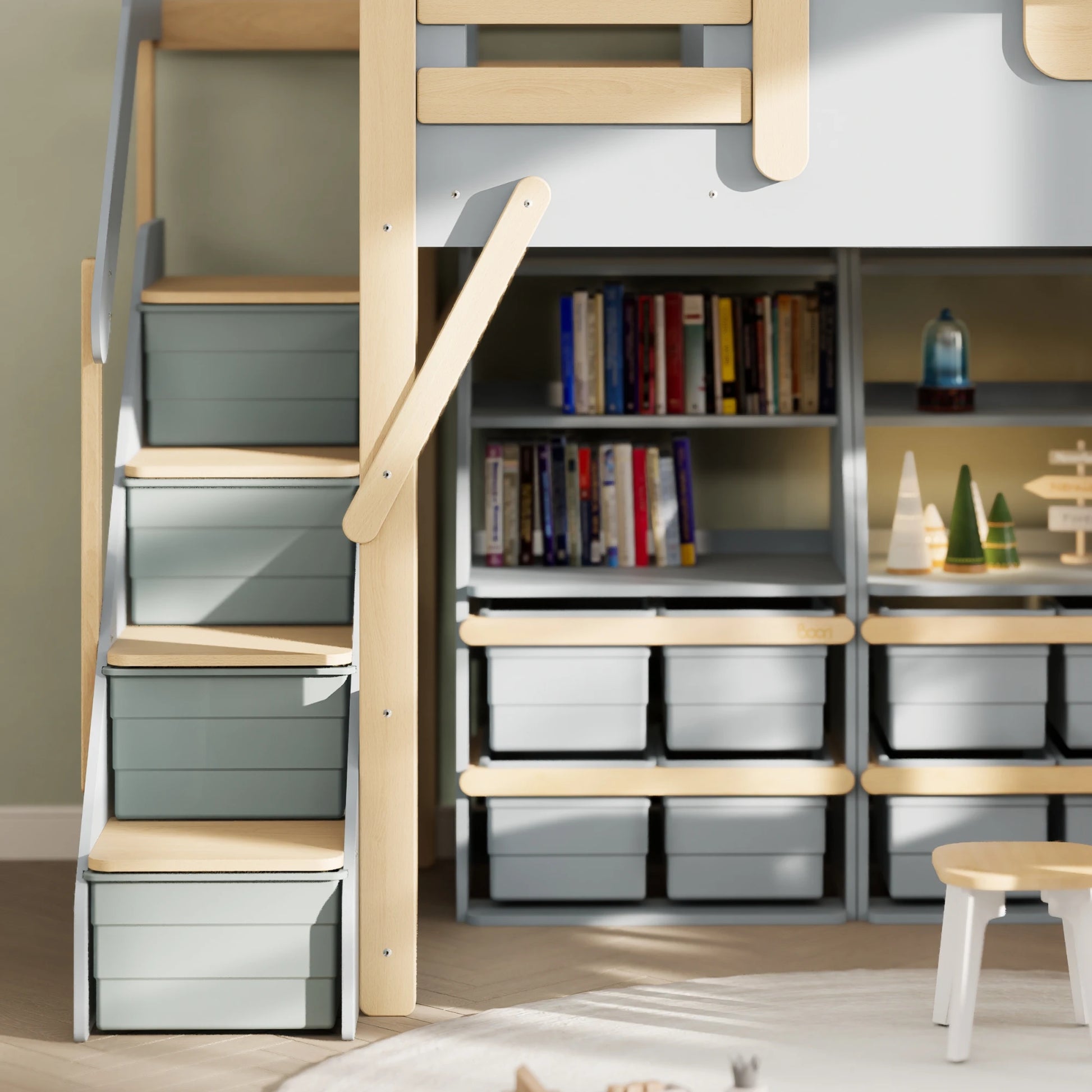 Boori Treehouse Kids NZ King Single Loft Bed + Roof Frame and Storage Staircase with Tent Canopy, Blueberry