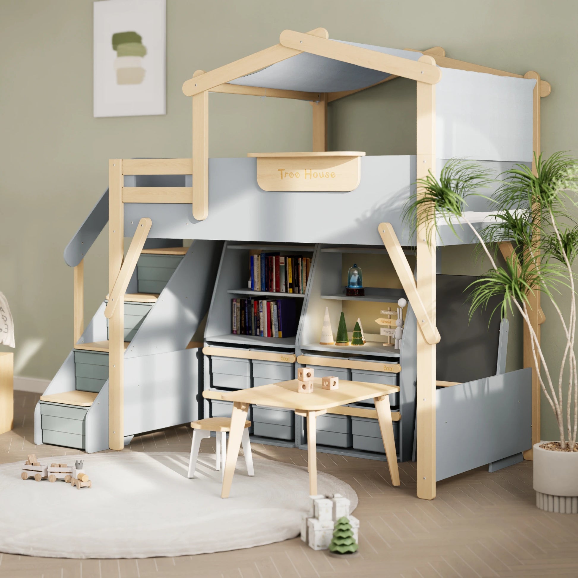 Boori Treehouse Kids NZ King Single Loft Bed + Roof Frame and Storage Staircase with Tent Canopy, Blueberry