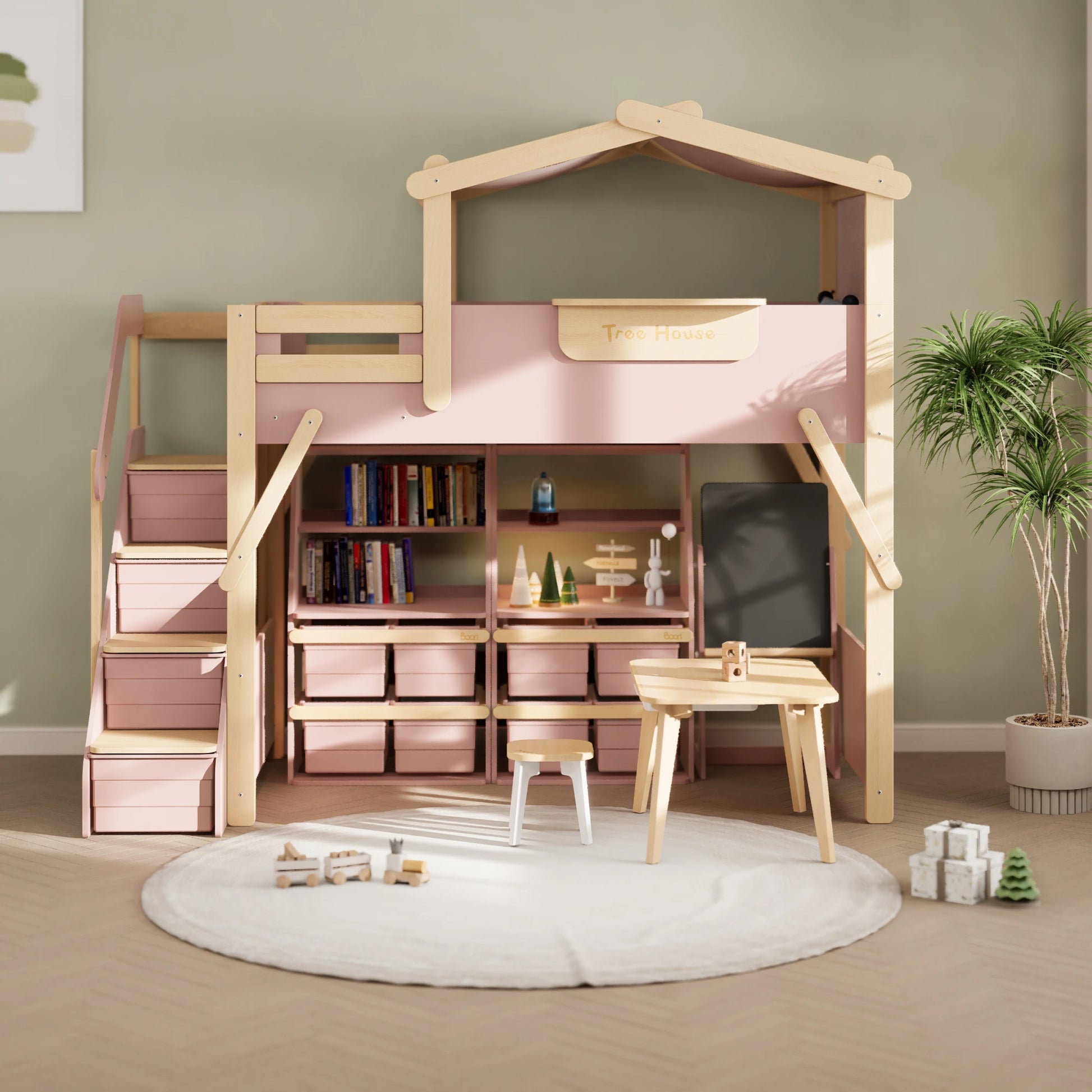 Boori Treehouse Kids NZ King Single Loft Bed + Roof Frame and Storage Staircase with Tent Canopy, Cherry