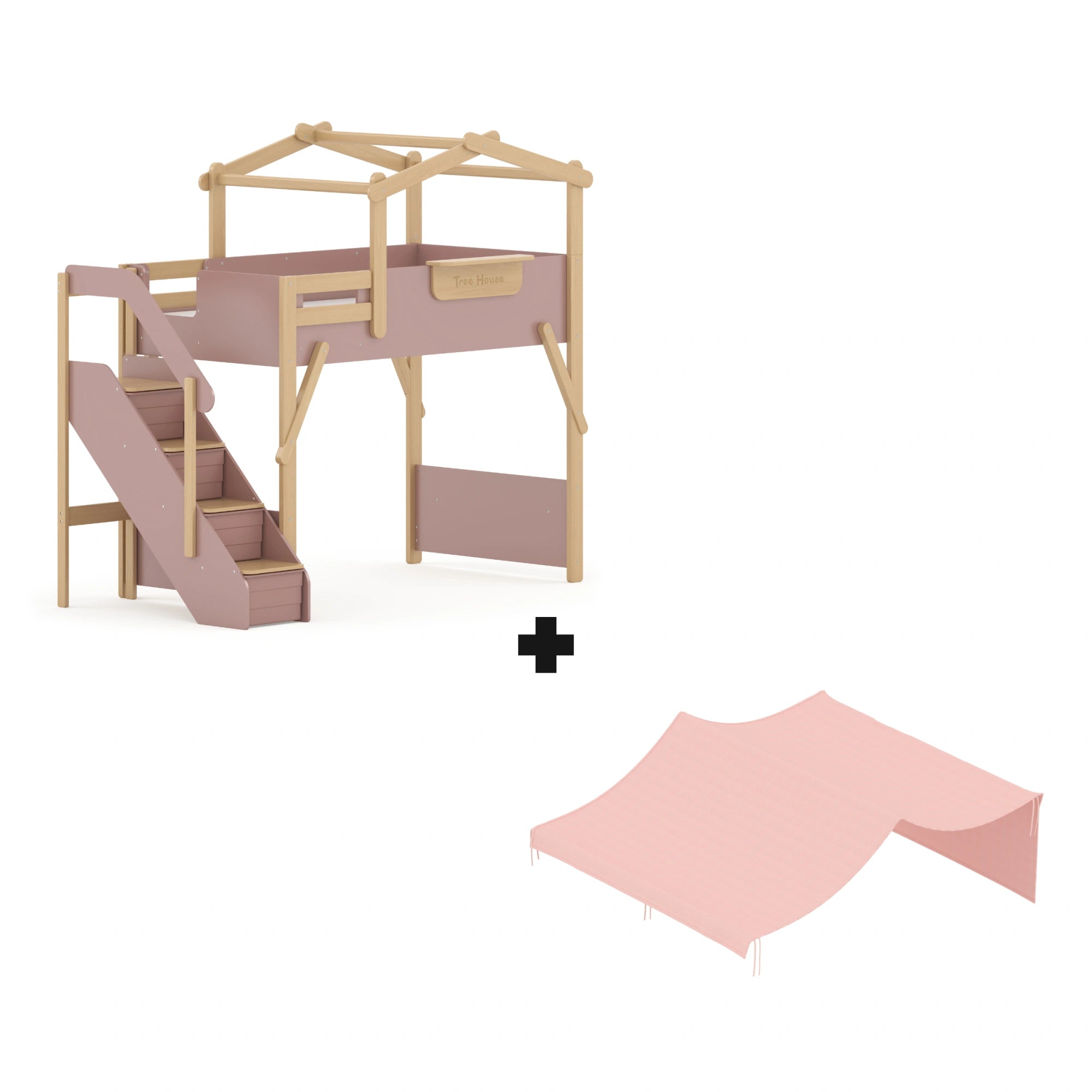 Boori Treehouse Kids NZ King Single Loft Bed + Roof Frame and Storage Staircase with Tent Canopy, Cherry
