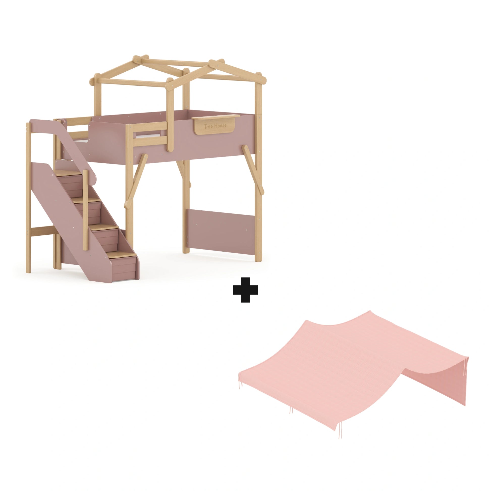 Boori Treehouse Kids NZ King Single Loft Bed + Roof Frame and Storage Staircase with Tent Canopy, Cherry