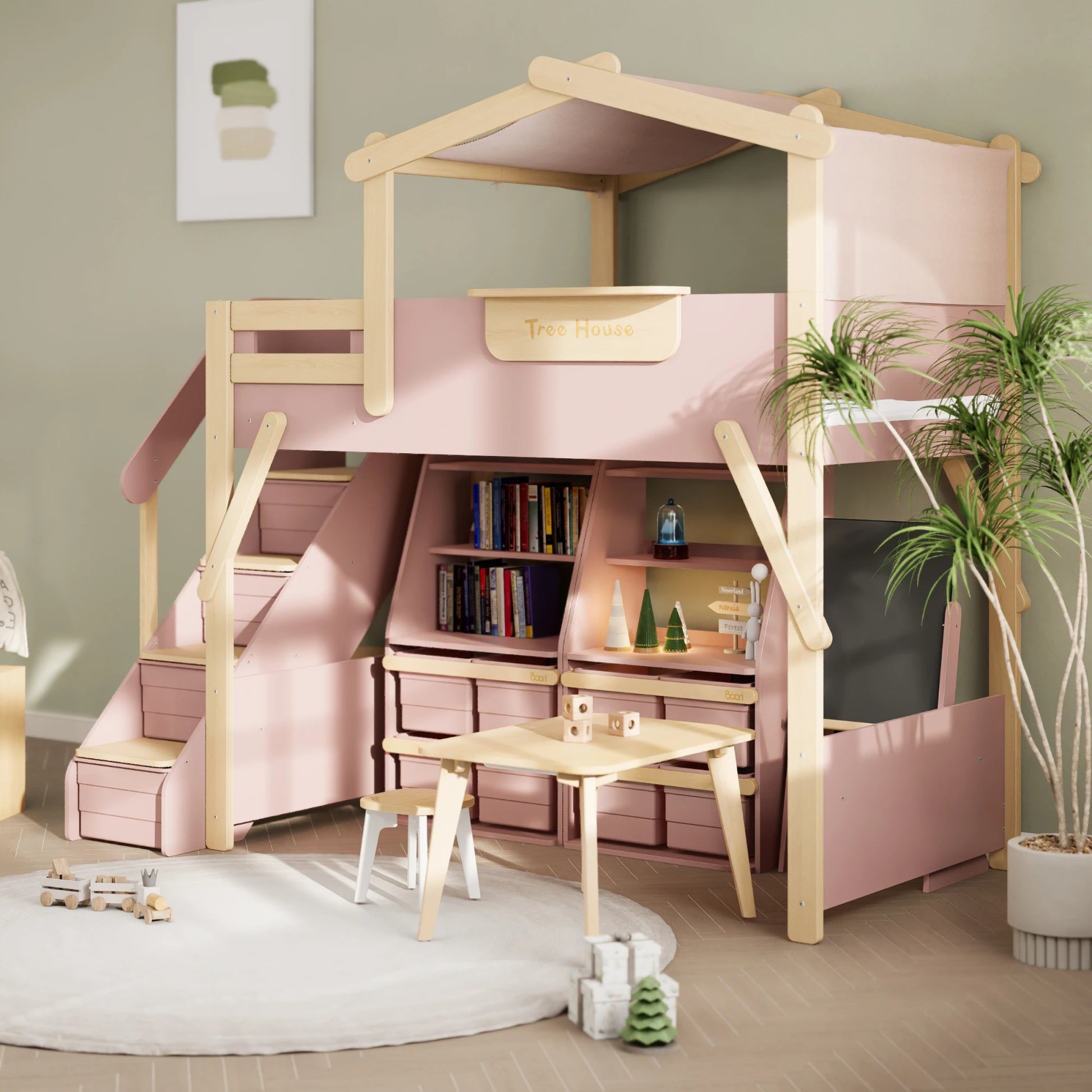 Boori Treehouse Kids NZ King Single Loft Bed + Roof Frame and Storage Staircase with Tent Canopy, Cherry