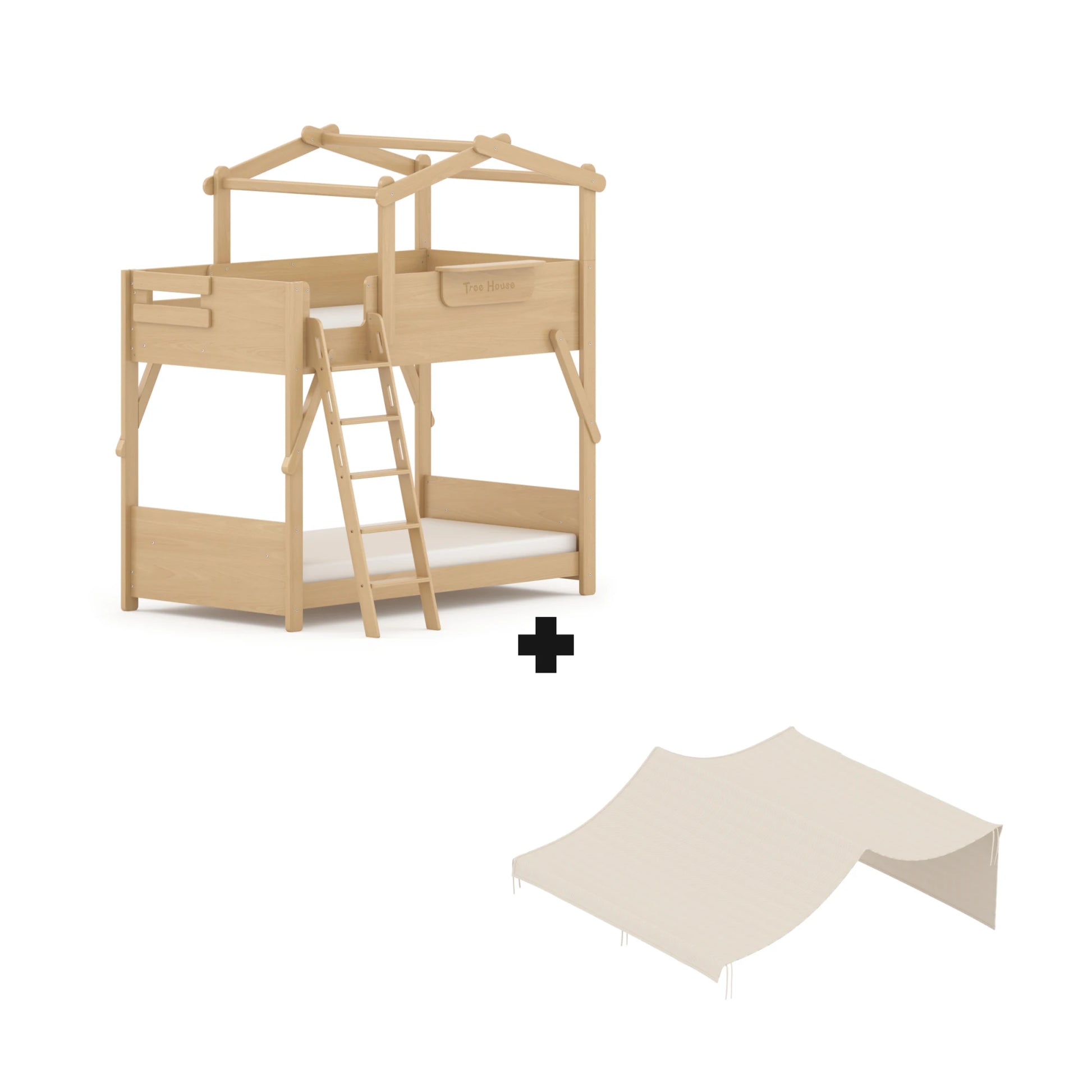 Boori Treehouse Kids NZ King Single Bunk Bed + Roof Frame and Ladder with Tent Canopy, Beech