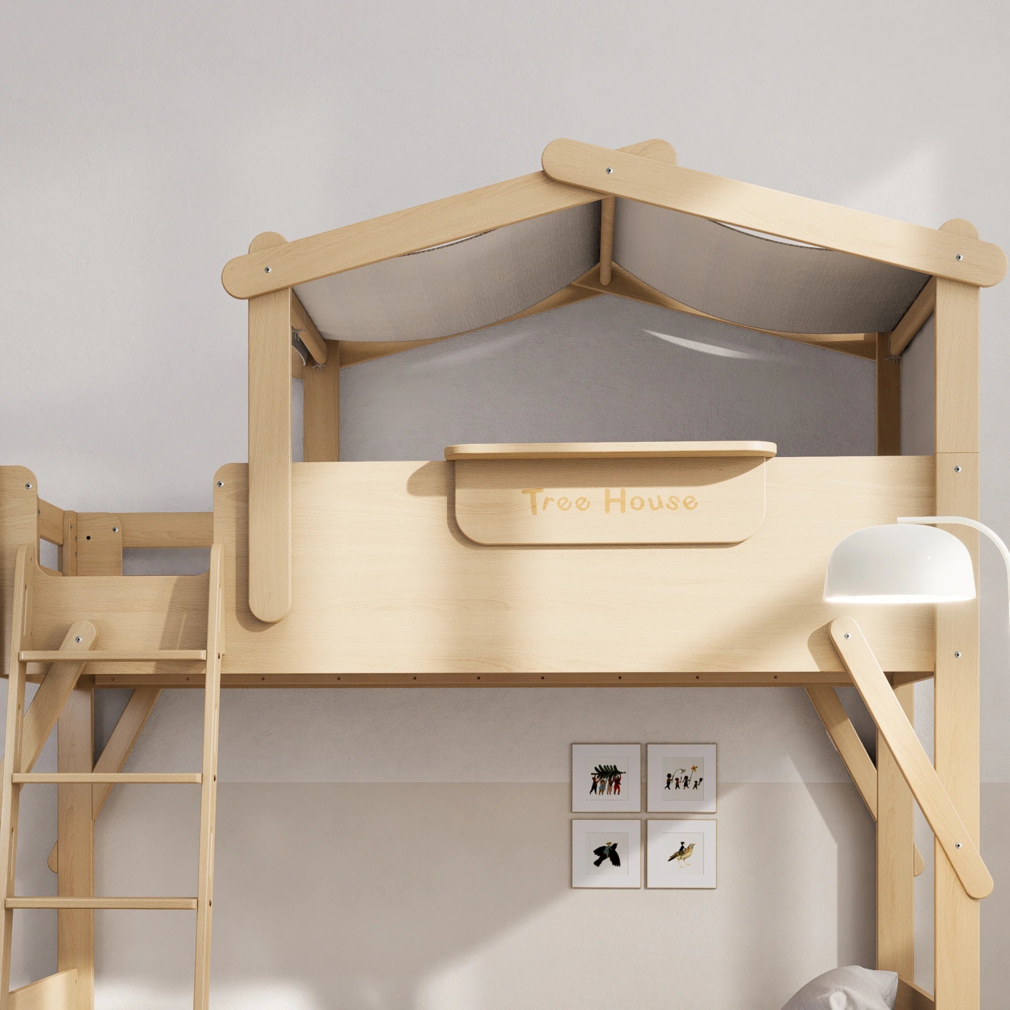 Boori Treehouse Kids NZ King Single Bunk Bed + Roof Frame and Ladder with Tent Canopy, Beech