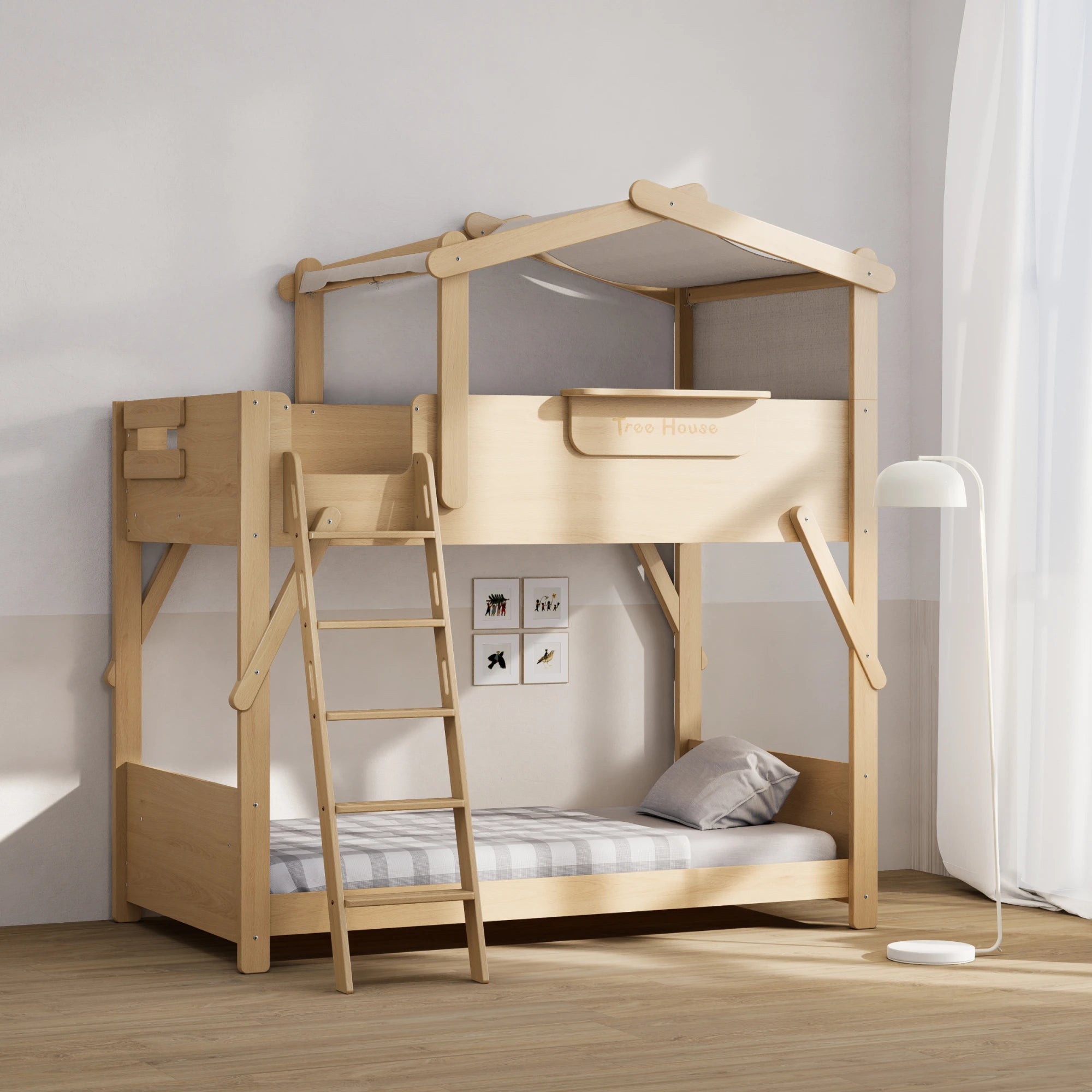 Boori Treehouse Kids NZ King Single Bunk Bed + Roof Frame and Ladder with Tent Canopy, Beech