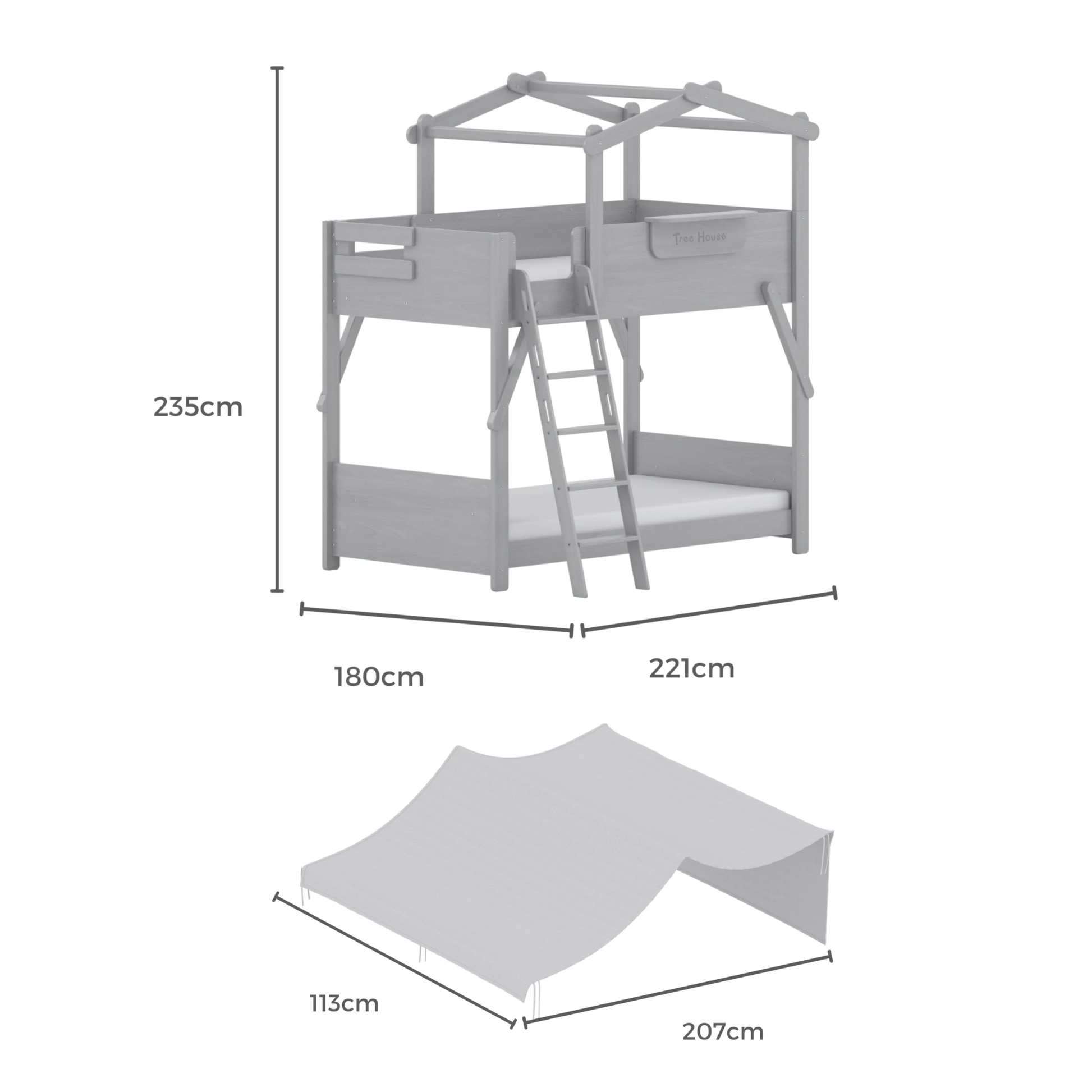 Boori Treehouse Kids NZ King Single Bunk Bed + Roof Frame and Ladder with Tent Canopy, Beech