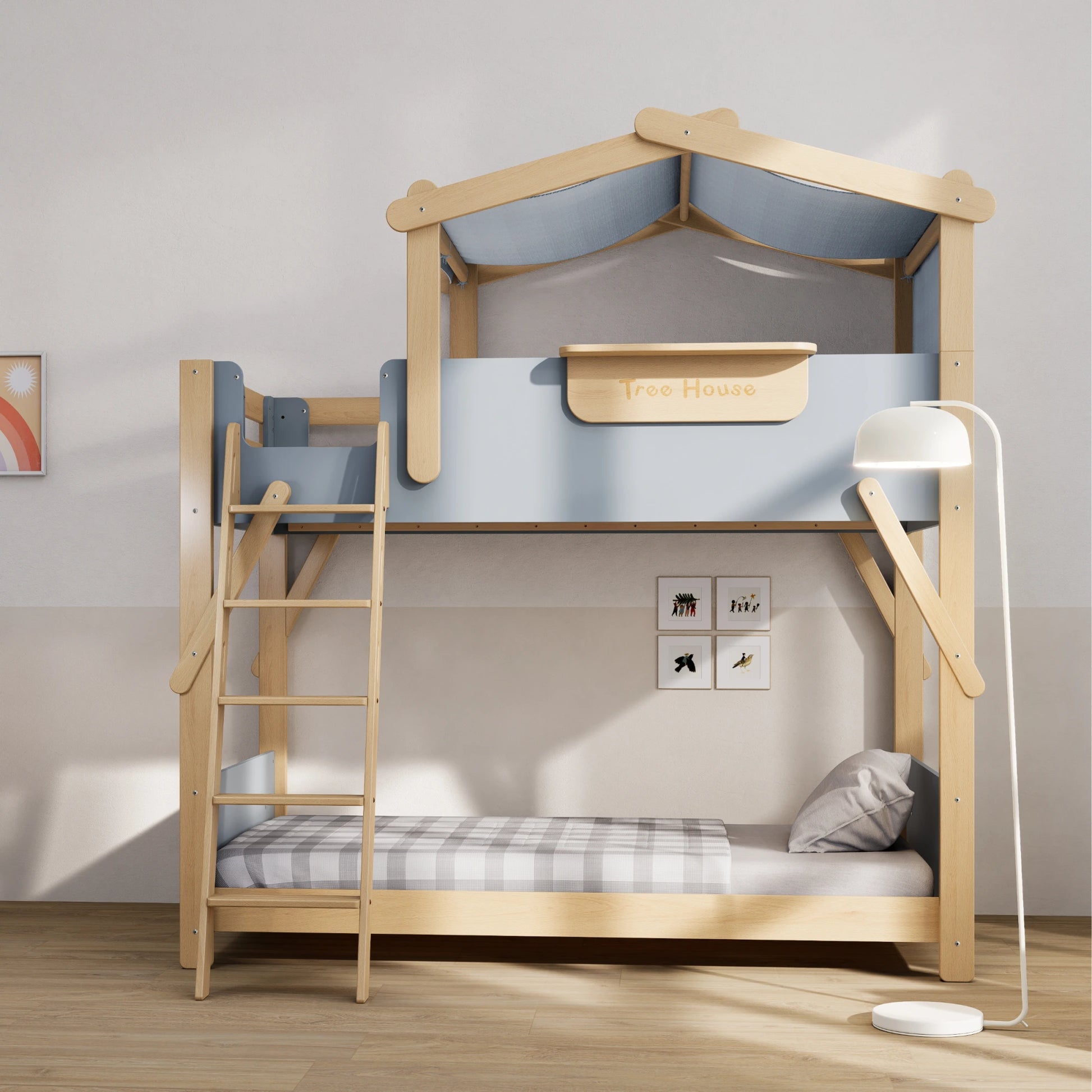 Boori Treehouse Kids NZ King Single Bunk Bed + Roof Frame and Ladder with Tent Canopy, Blueberry