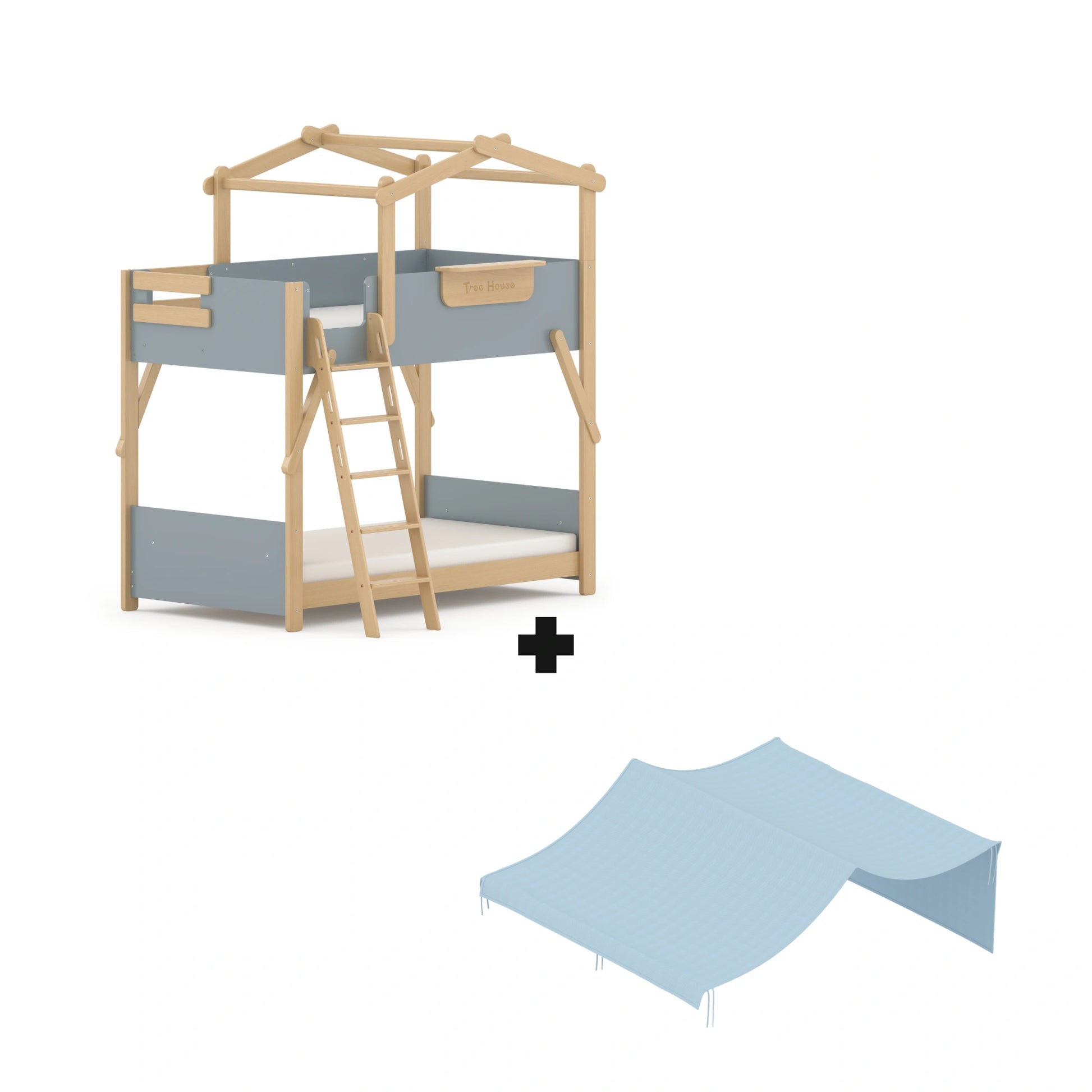 Boori Treehouse Kids NZ King Single Bunk Bed + Roof Frame and Ladder with Tent Canopy, Blueberry