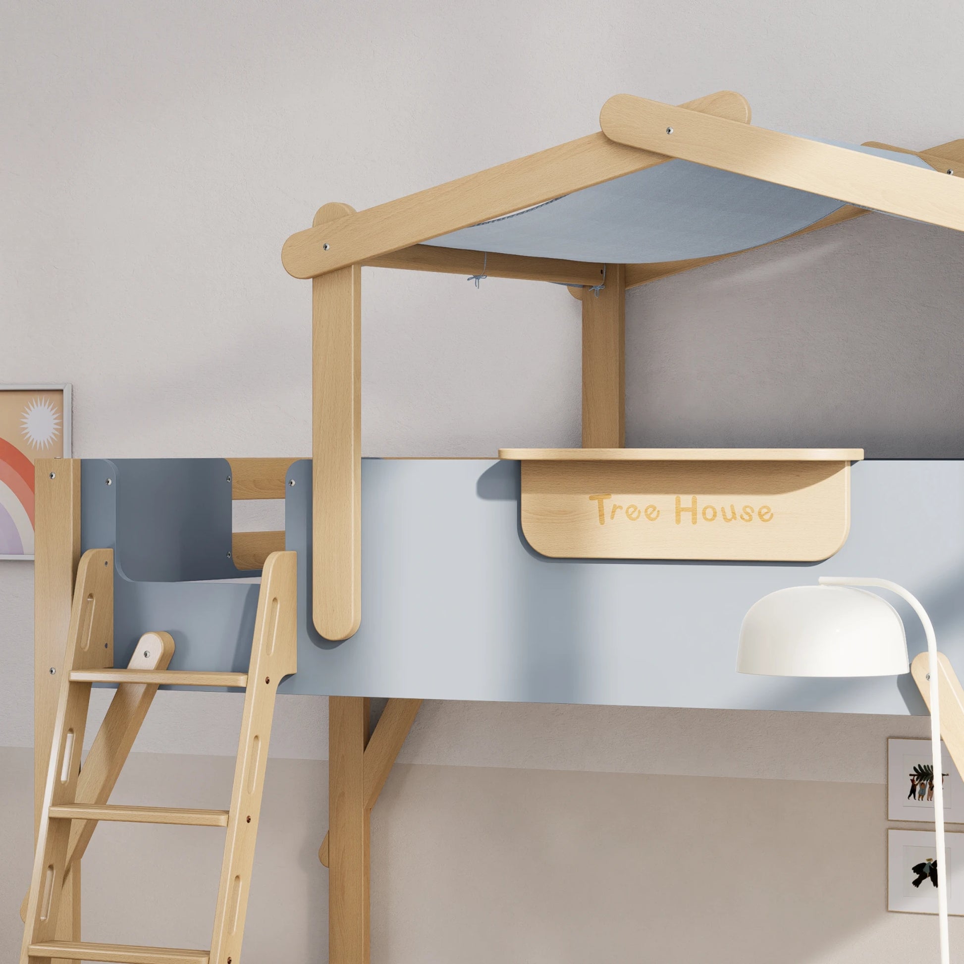 Boori Treehouse Kids NZ King Single Bunk Bed + Roof Frame and Ladder with Tent Canopy, Blueberry