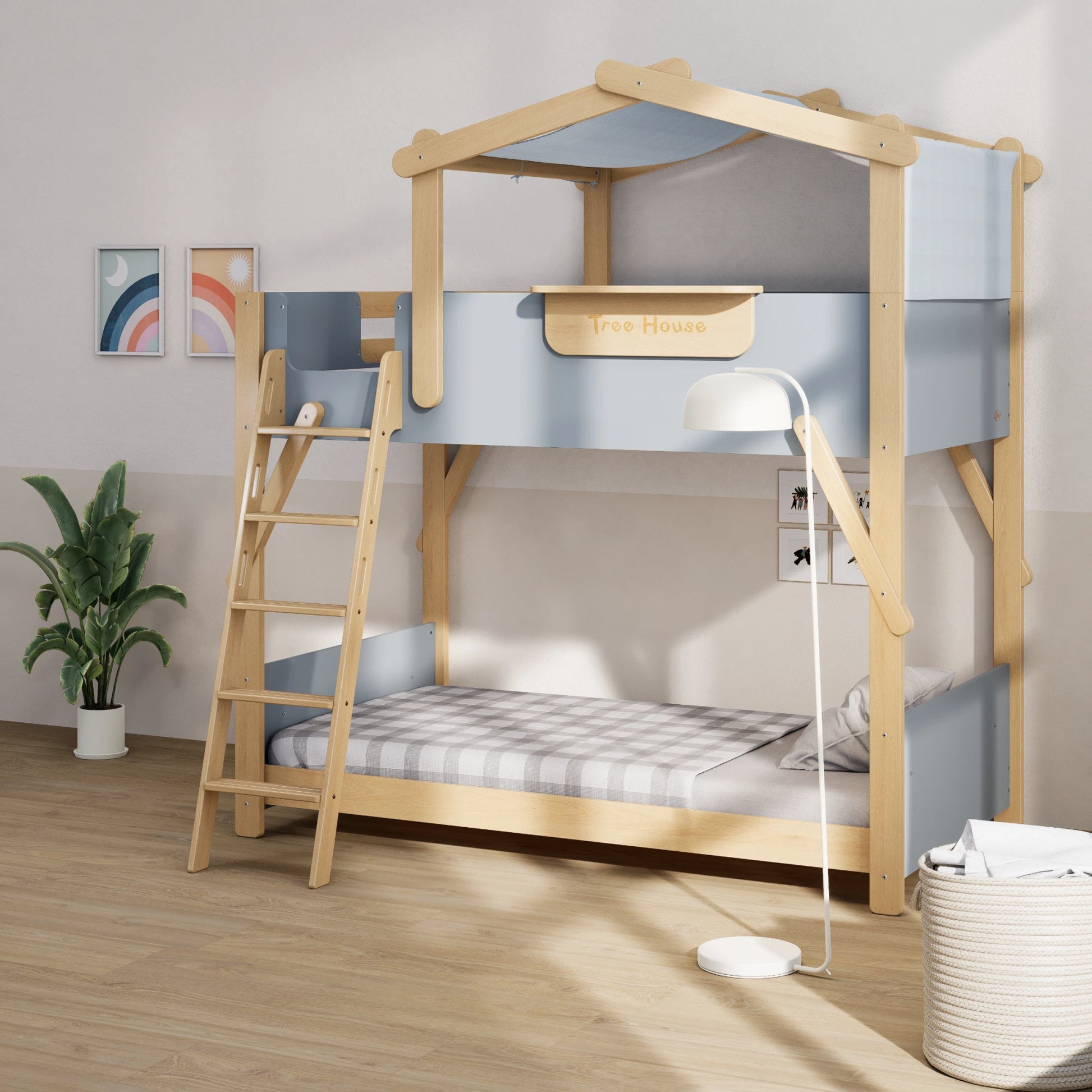 Boori Treehouse Kids NZ King Single Bunk Bed + Roof Frame and Ladder with Tent Canopy, Blueberry