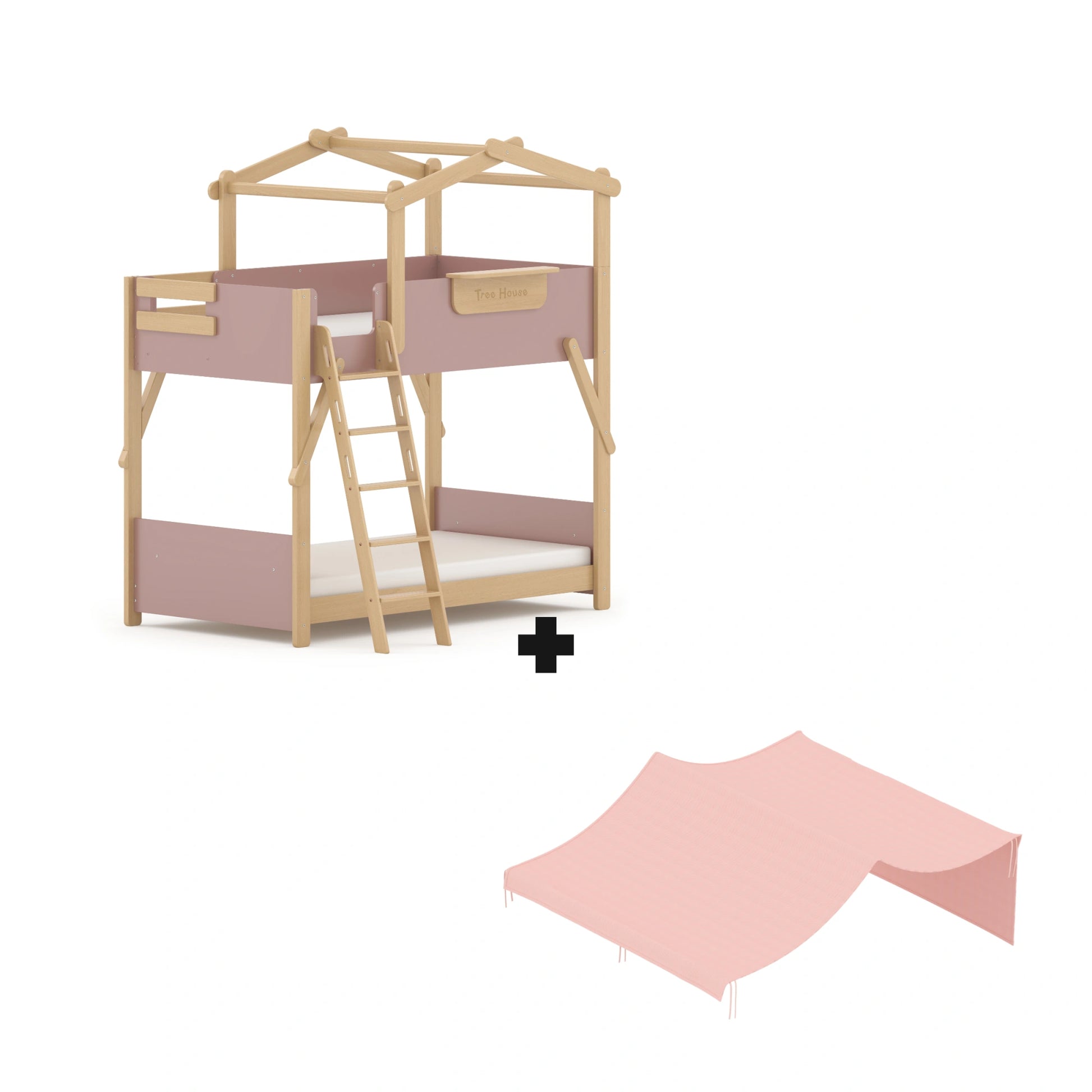 Boori Treehouse Kids NZ King Single Bunk Bed + Roof Frame and Ladder with Tent Canopy, Cherry