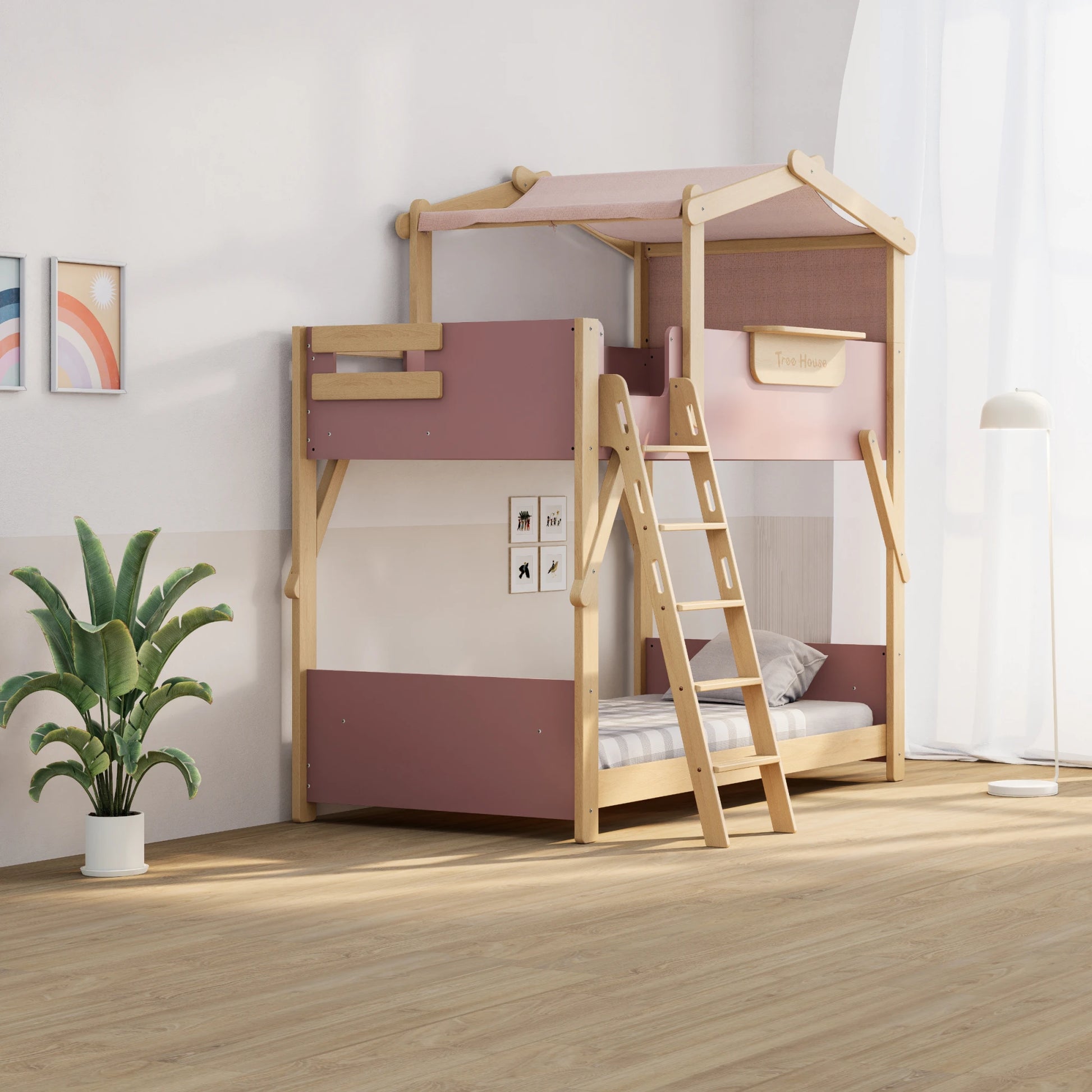 Boori Treehouse Kids NZ King Single Bunk Bed + Roof Frame and Ladder with Tent Canopy, Cherry