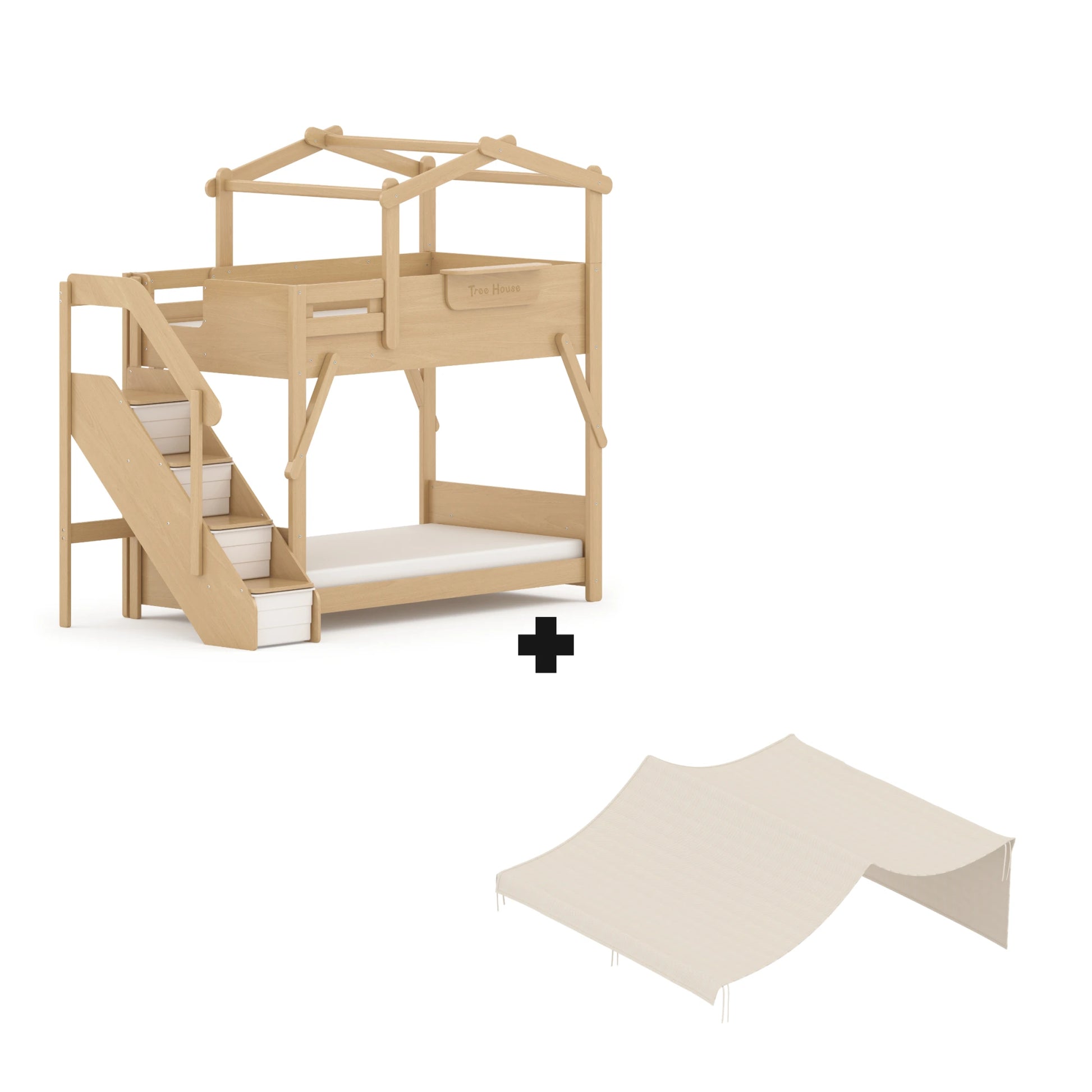 Boori Treehouse Kids NZ King Single Bunk Bed + Roof Frame and Storage Staircase with Tent Canopy, Beech