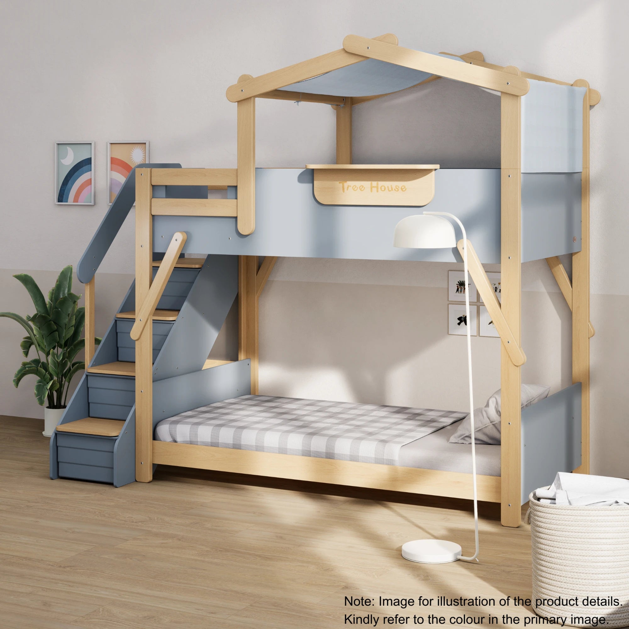 Boori Treehouse Kids NZ King Single Bunk Bed + Roof Frame and Storage Staircase with Tent Canopy, Beech
