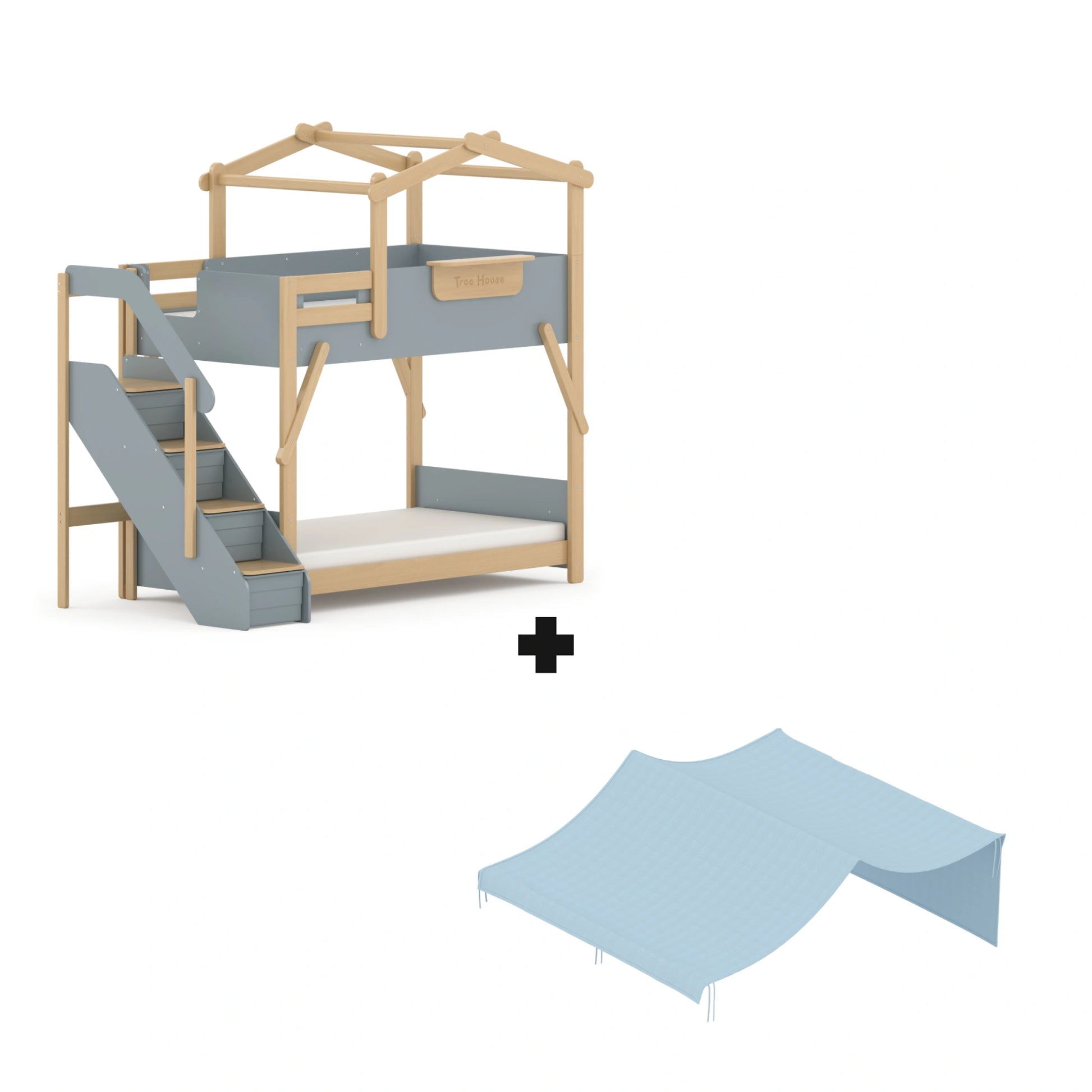 Boori Treehouse Kids NZ King Single Bunk Bed + Roof Frame and Storage Staircase with Tent Canopy, Blueberry