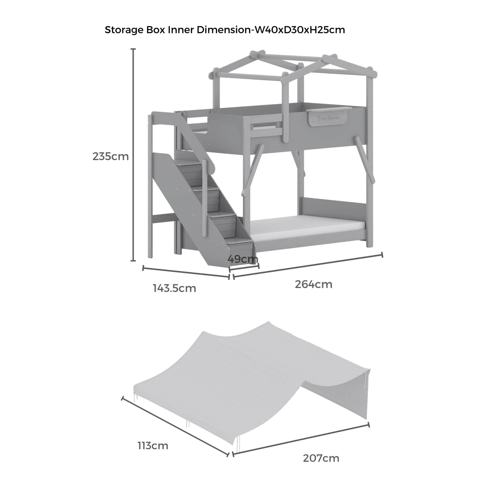 Boori Treehouse Kids NZ King Single Bunk Bed + Roof Frame and Storage Staircase with Tent Canopy, Blueberry