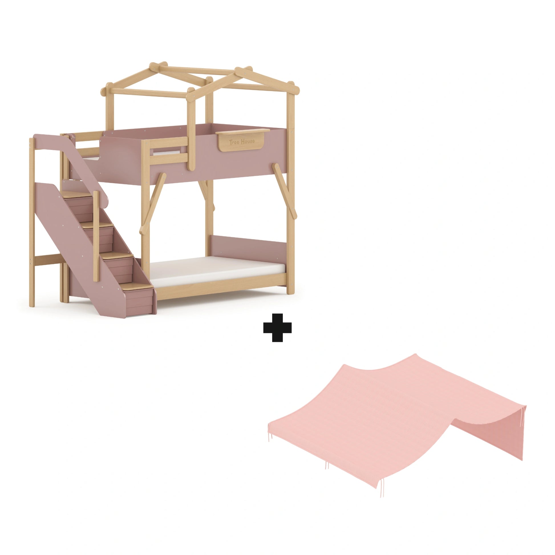 Boori Treehouse Kids NZ King Single Bunk Bed + Roof Frame and Storage Staircase with Tent Canopy, Cherry