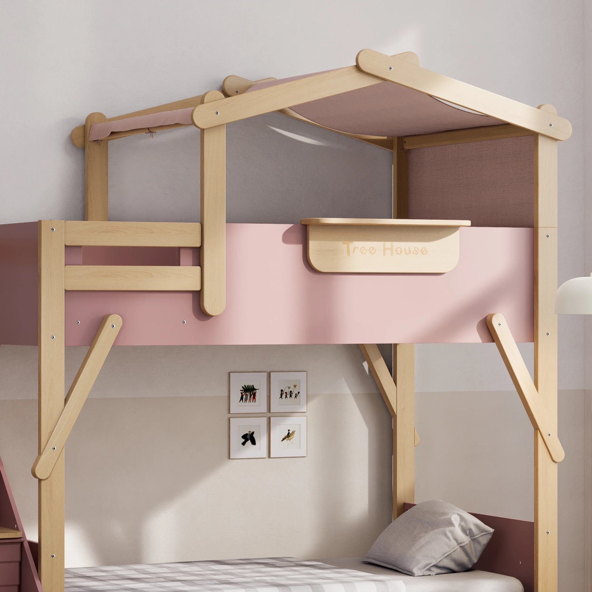 Boori Treehouse Kids NZ King Single Bunk Bed + Roof Frame and Storage Staircase with Tent Canopy, Cherry