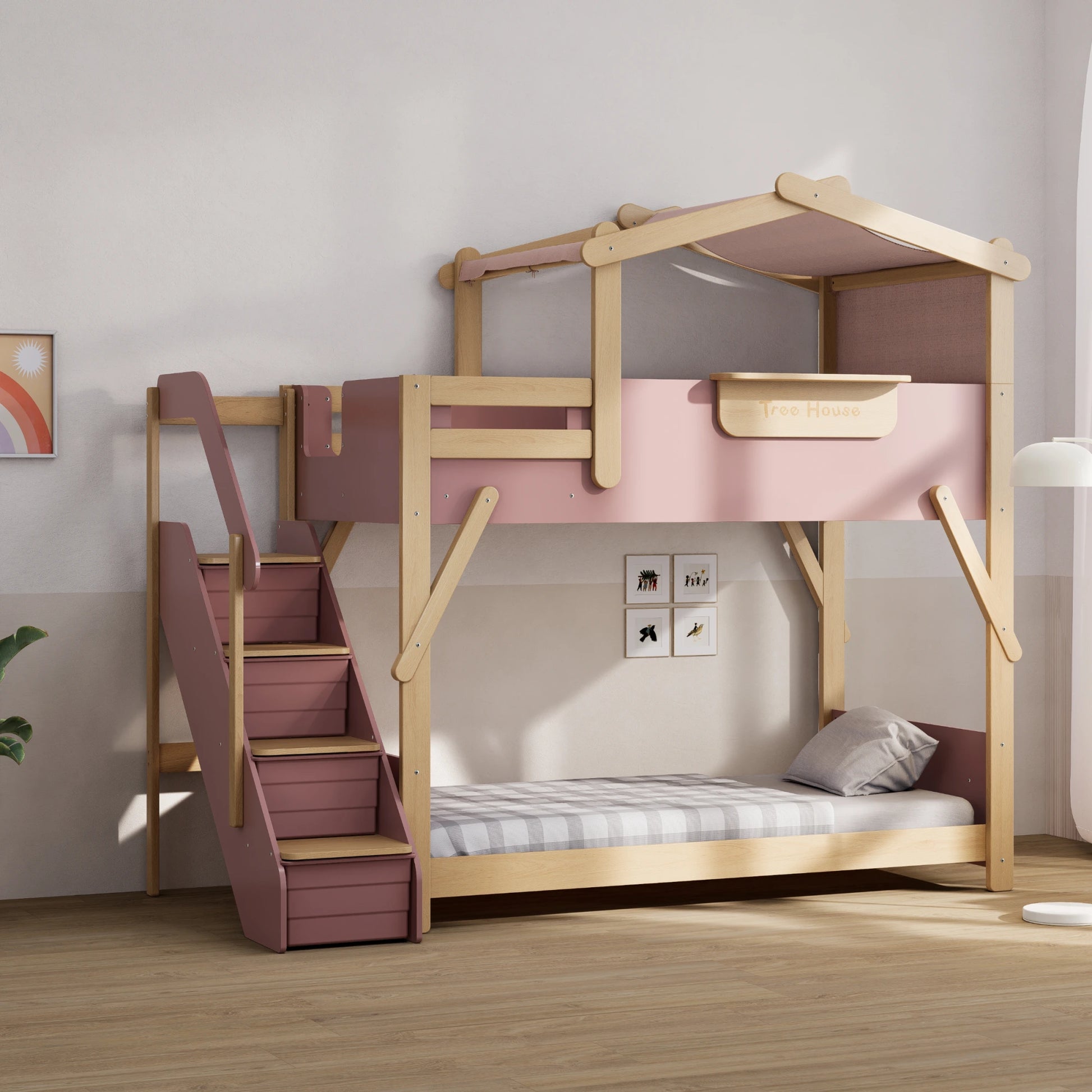 Boori Treehouse Kids NZ King Single Bunk Bed + Roof Frame and Storage Staircase with Tent Canopy, Cherry