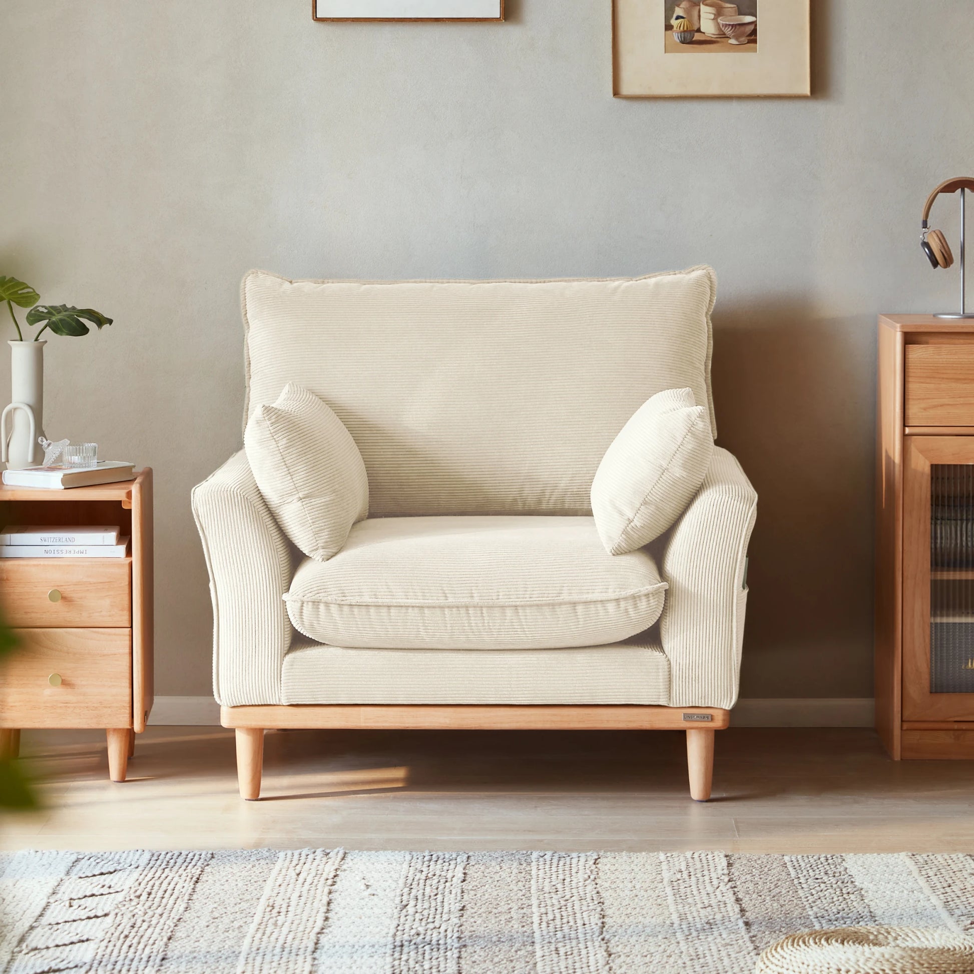 Linspire Moss 1-Seater Sofa, Neutral White & Natural Wood