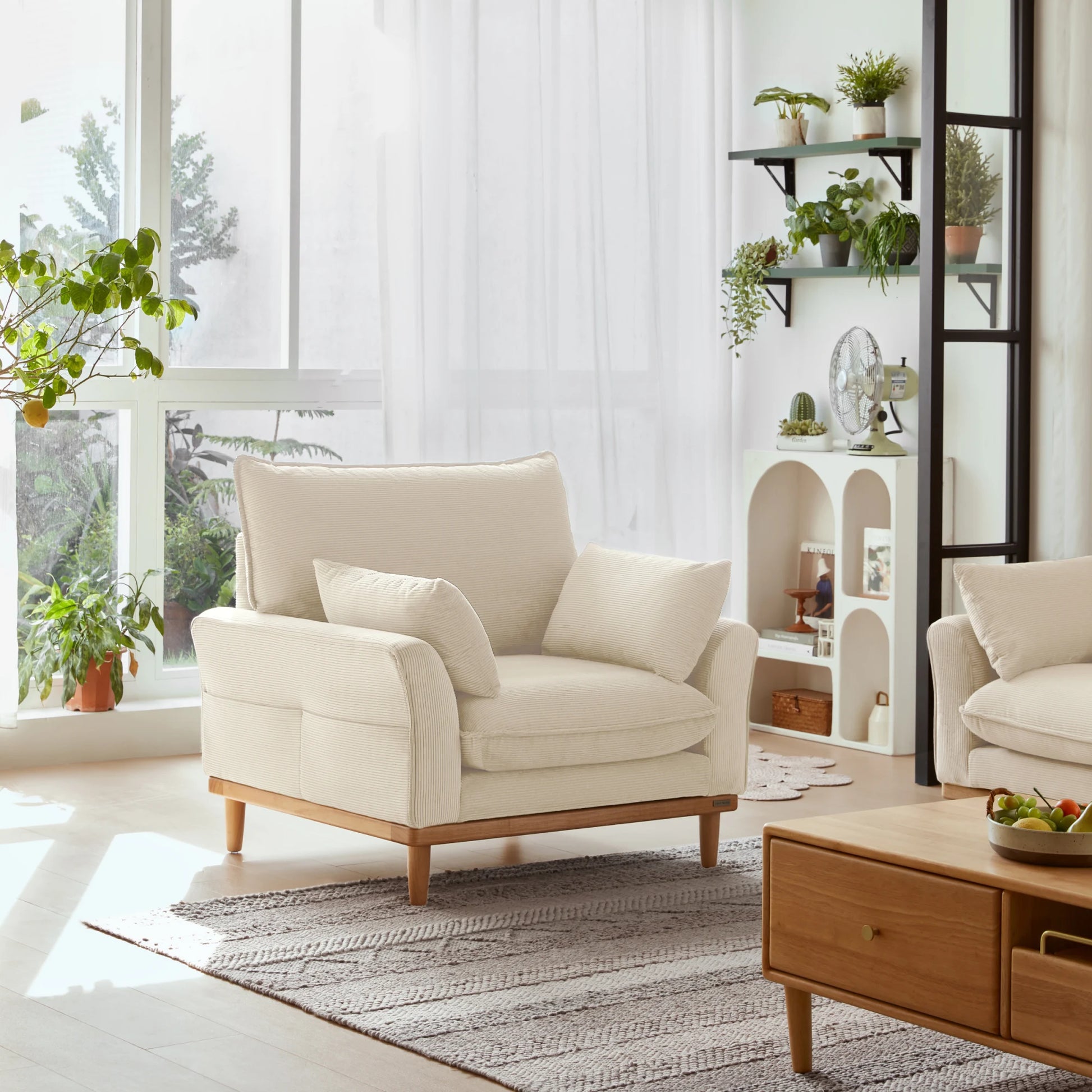 Linspire Moss 1-Seater Sofa, Neutral White & Natural Wood