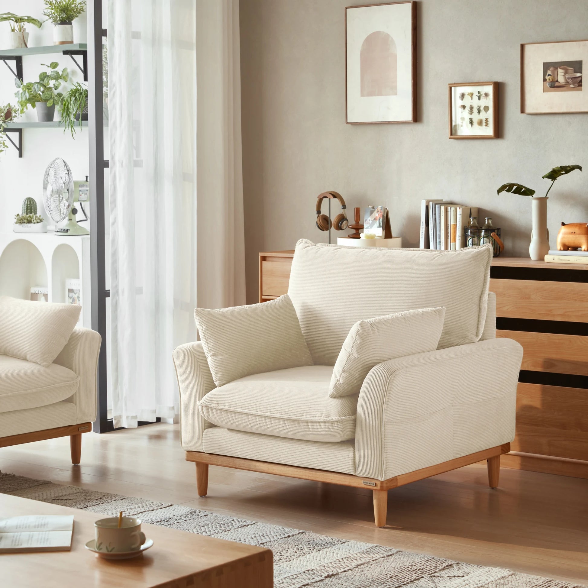Linspire Moss 1-Seater Sofa, Neutral White & Natural Wood