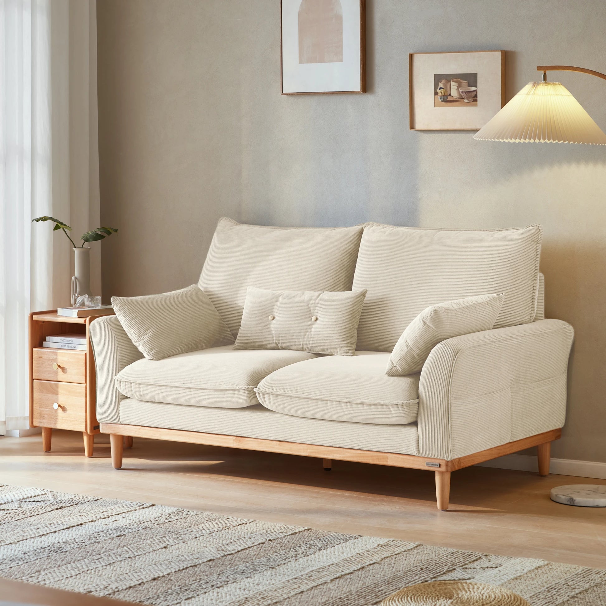 Linspire Moss 2-Seater Sofa, Neutral White & Natural Wood