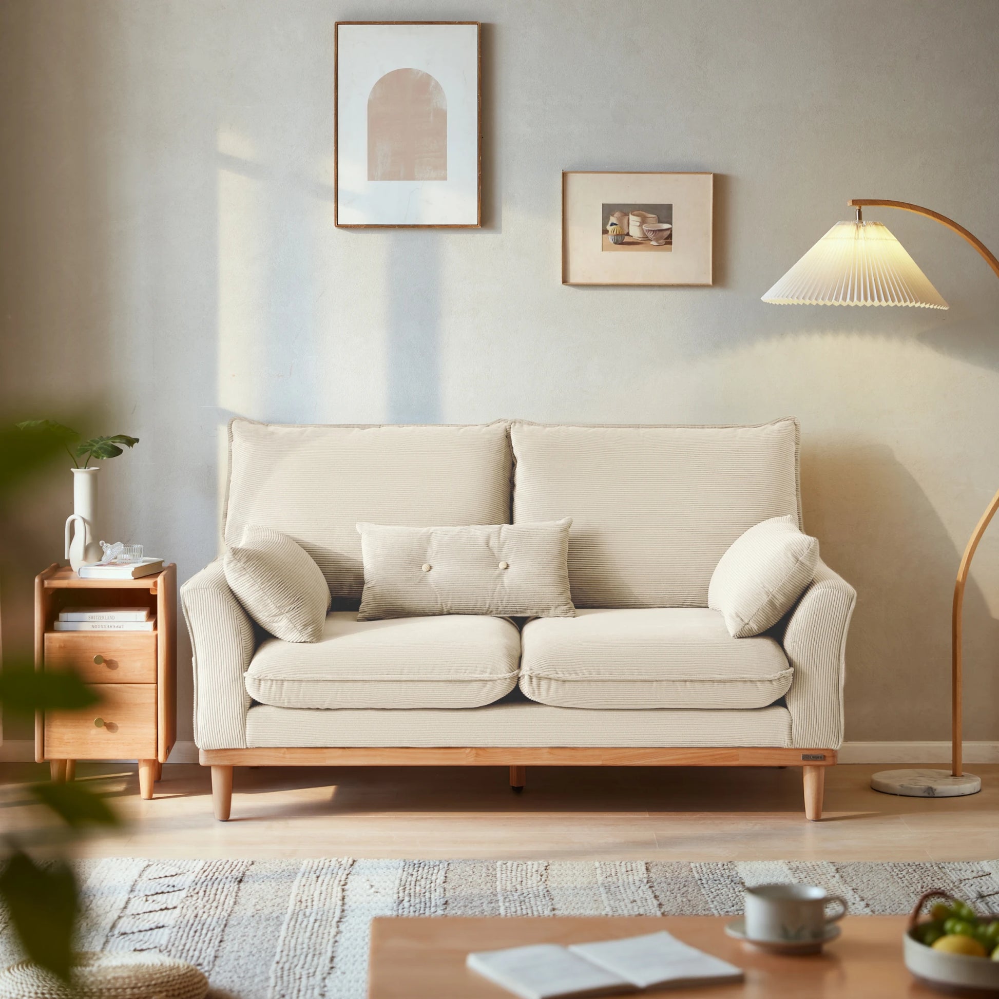 Linspire Moss 2-Seater Sofa, Neutral White & Natural Wood