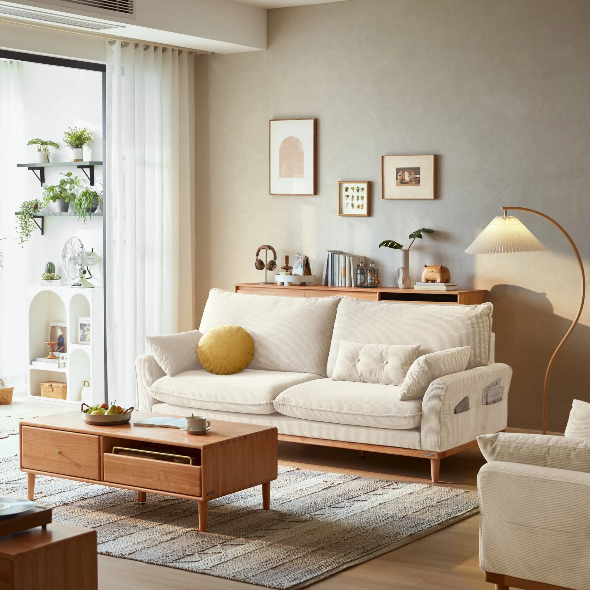 Linspire Moss 3-Seater Sofa, Neutral White & Natural Wood