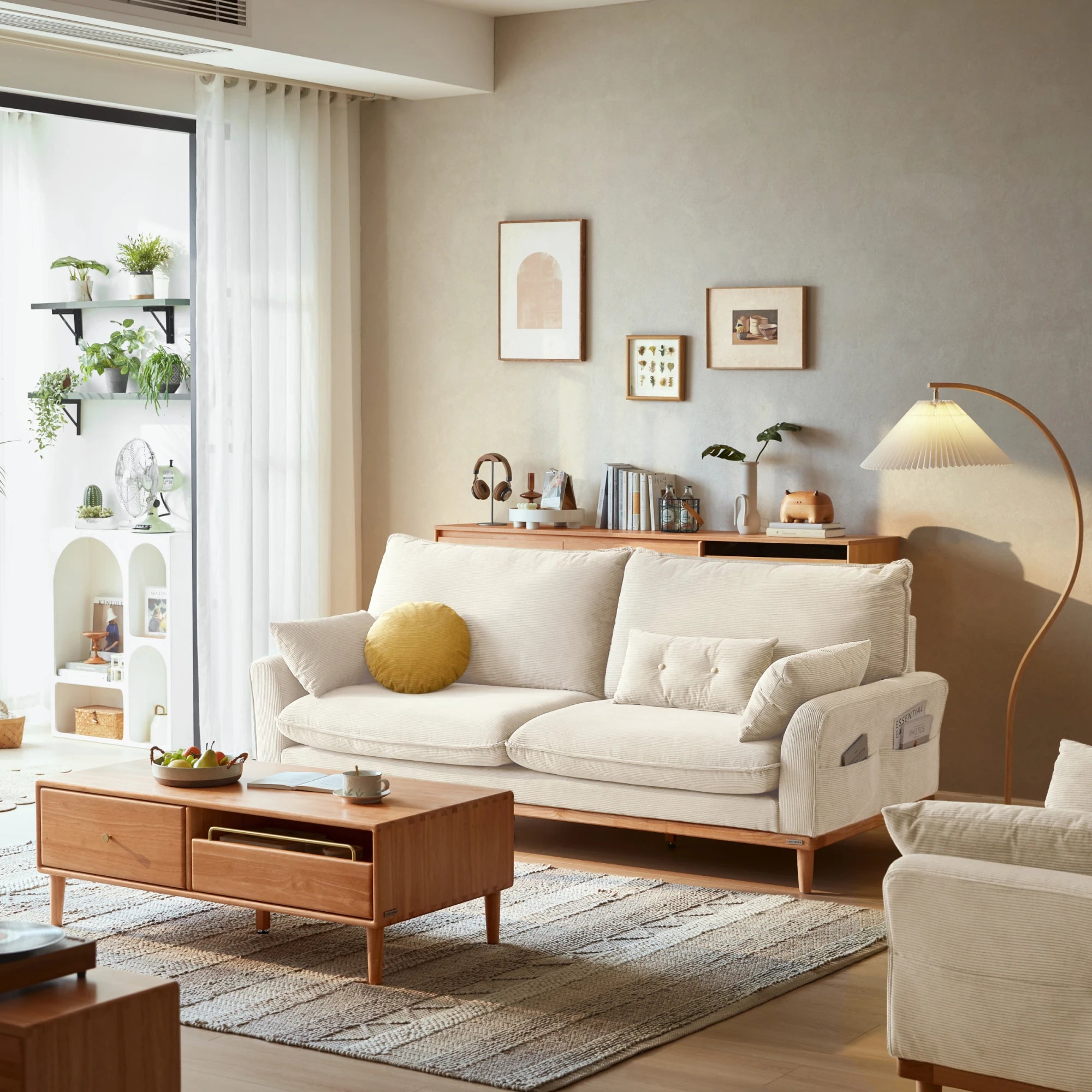 Linspire Moss 3-Seater Sofa, Neutral White & Natural Wood
