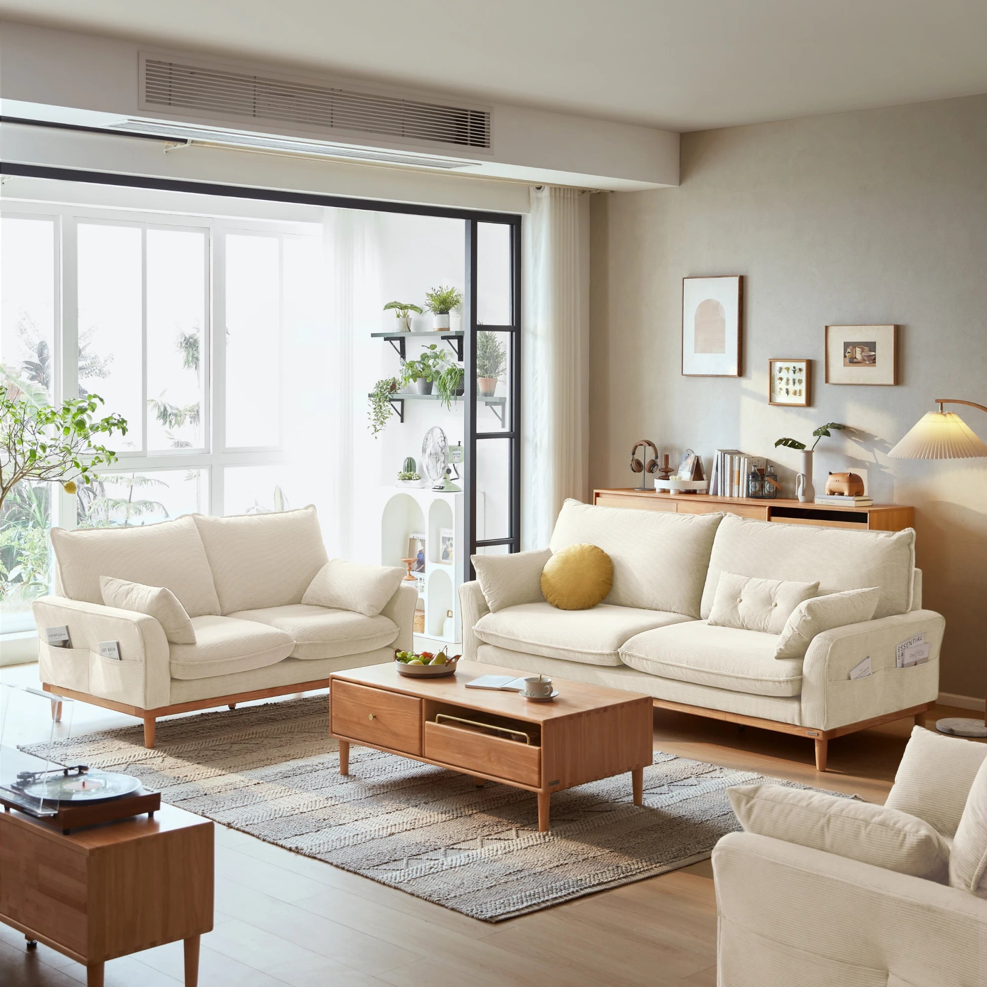Linspire Moss 3-Seater Sofa, Neutral White & Natural Wood