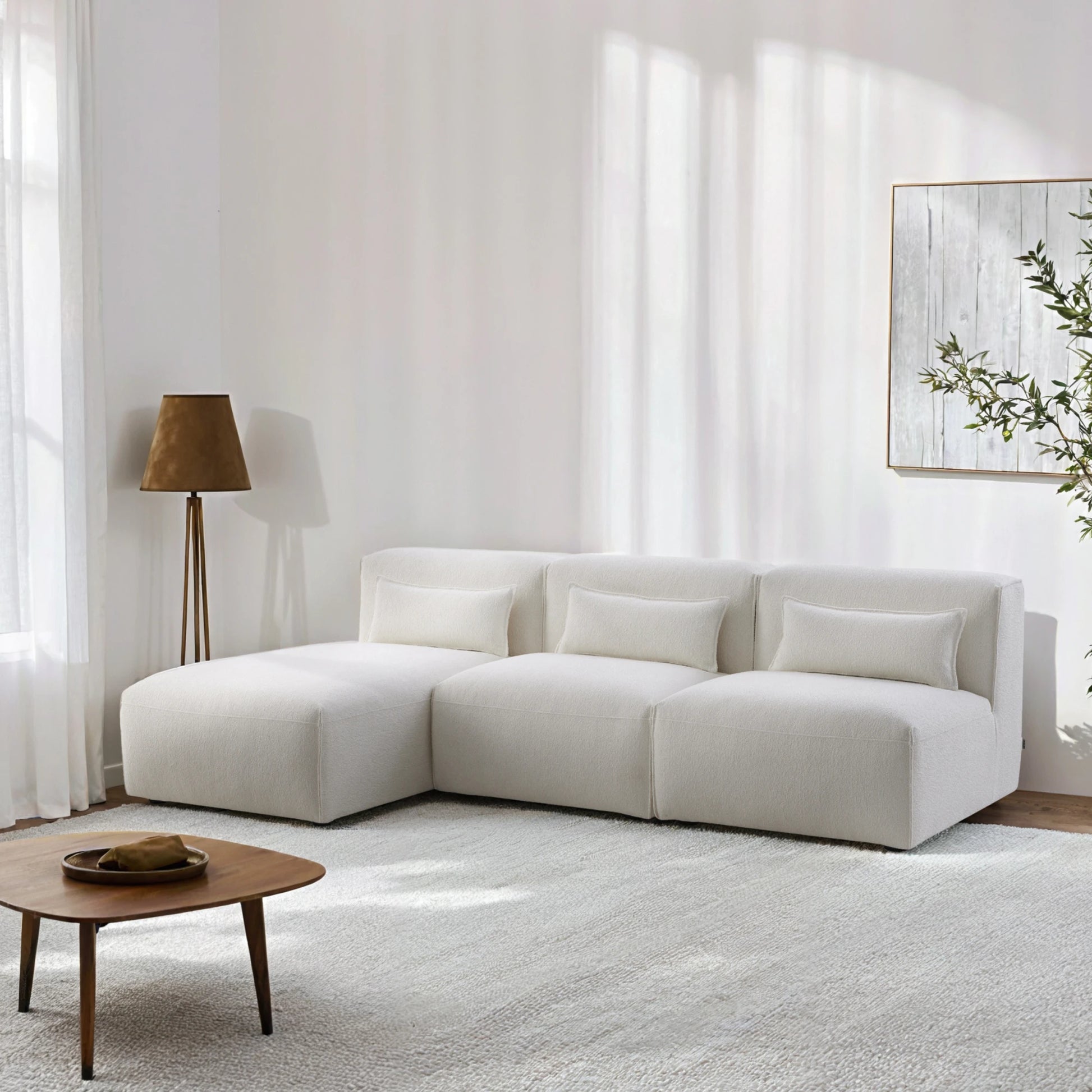 MODE Bravo 4-Seater Armless Modular Sofa with Chaise, Boucle, Creamy White
