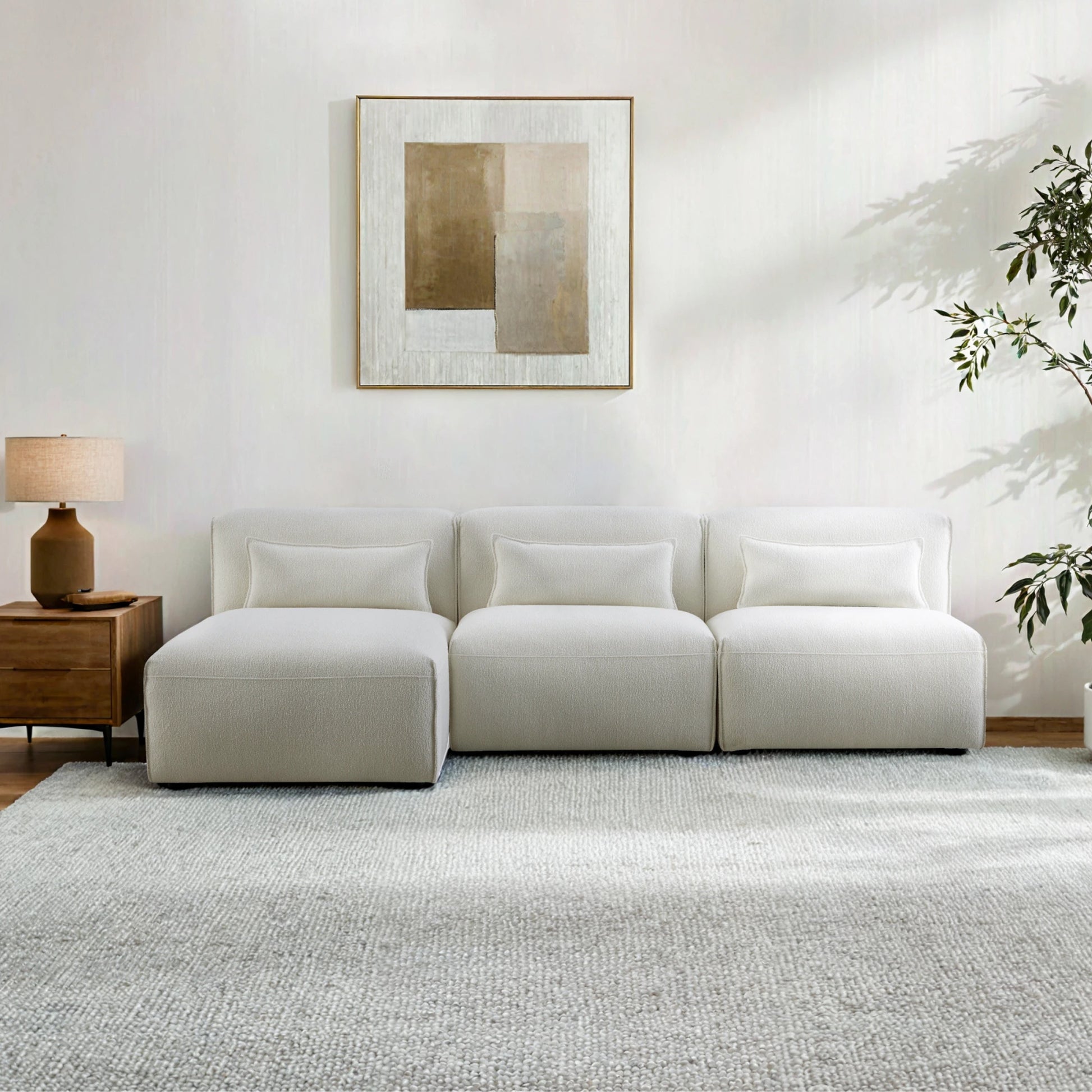MODE Bravo 4-Seater Armless Modular Sofa with Chaise, Boucle, Creamy White