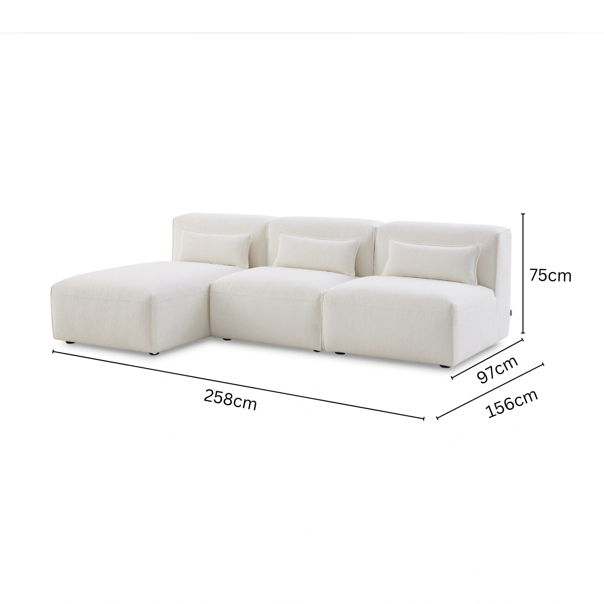 MODE Bravo 4-Seater Armless Modular Sofa with Chaise, Boucle, Creamy White