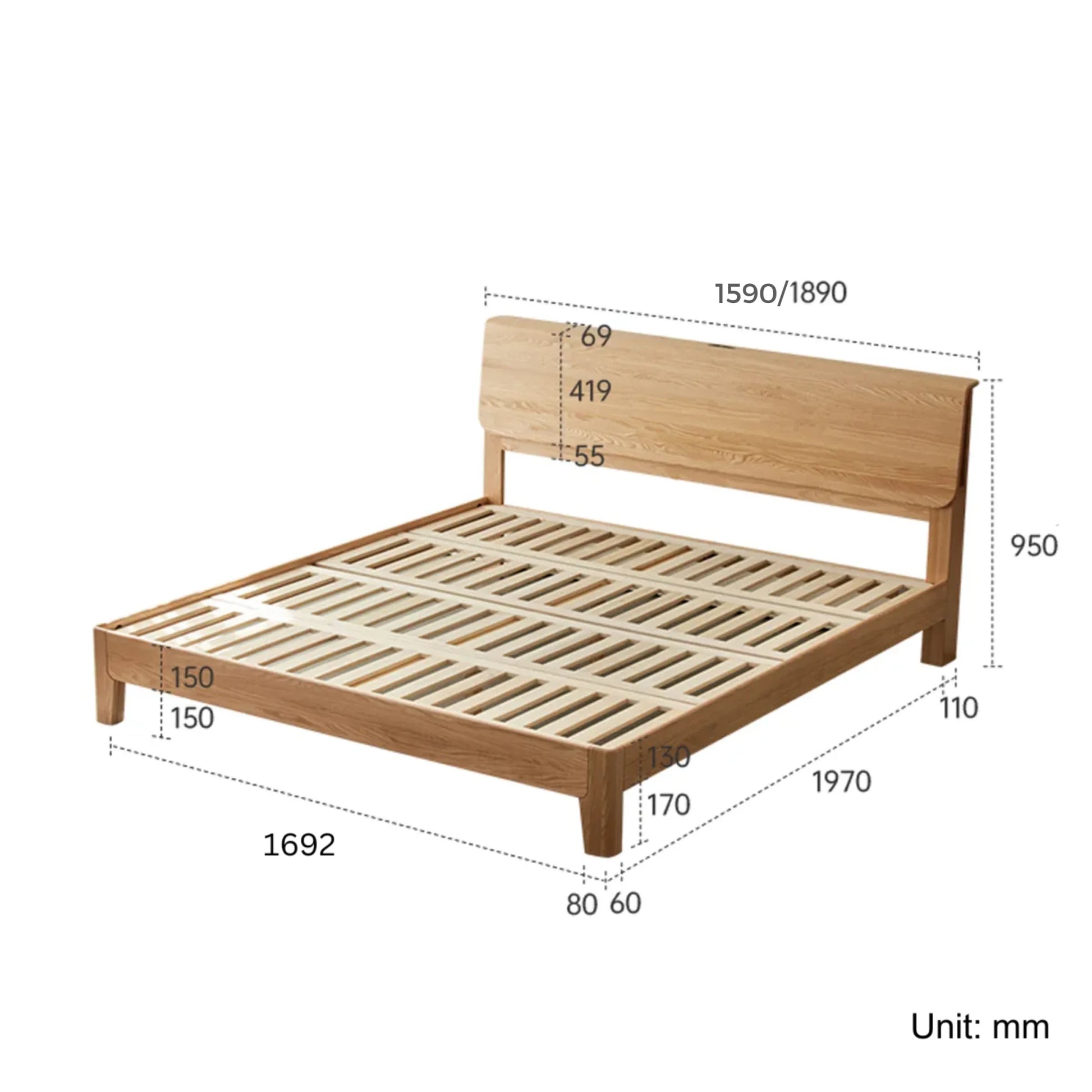 Solidwood Bailey Bed Frame, Low Profile, Natural Wood