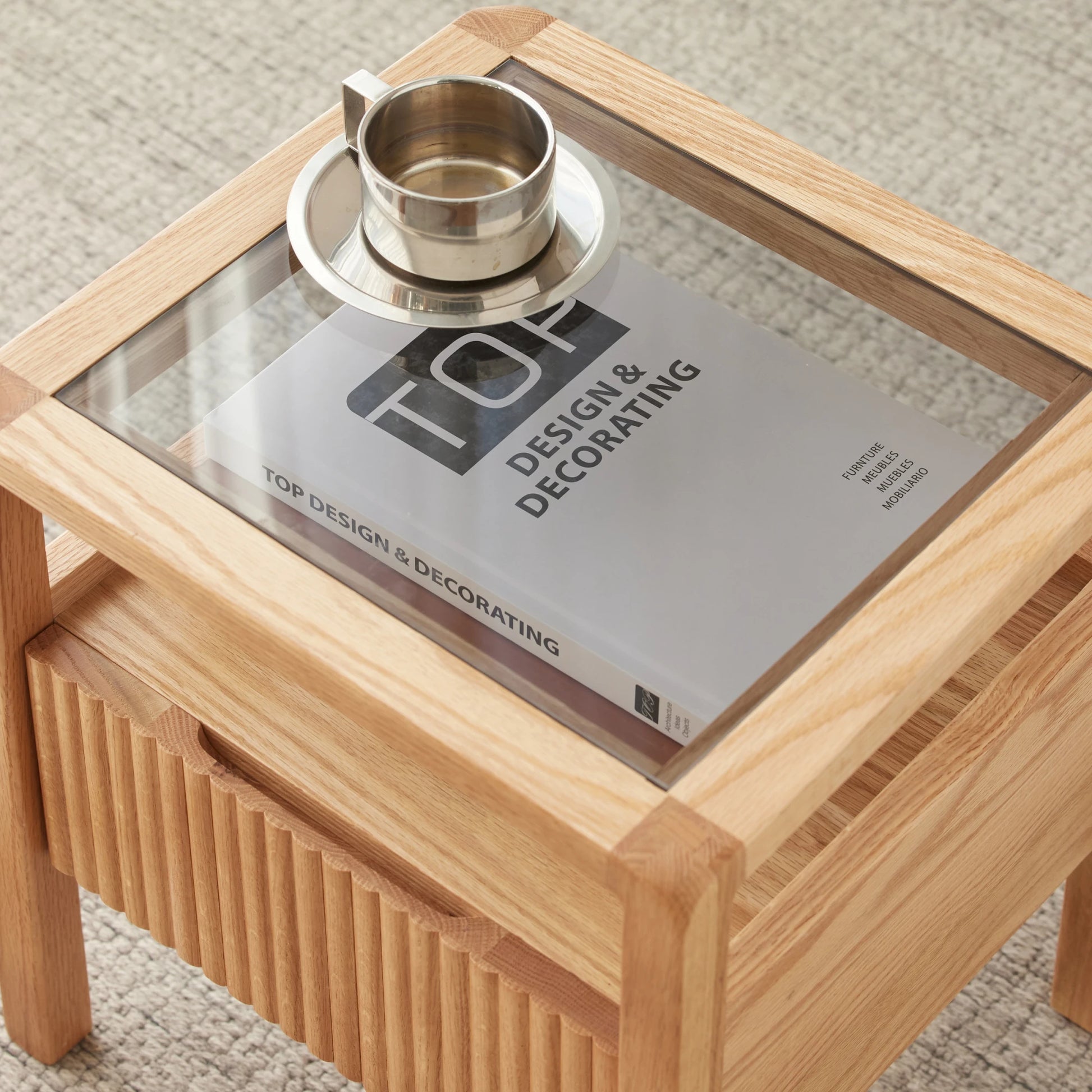 Solidwood Korlin Bedside Table with Glass Top