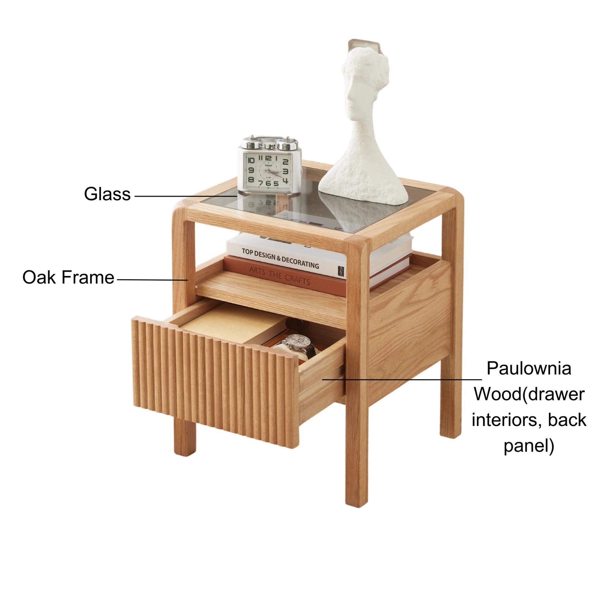 Solidwood Korlin Bedside Table with Glass Top