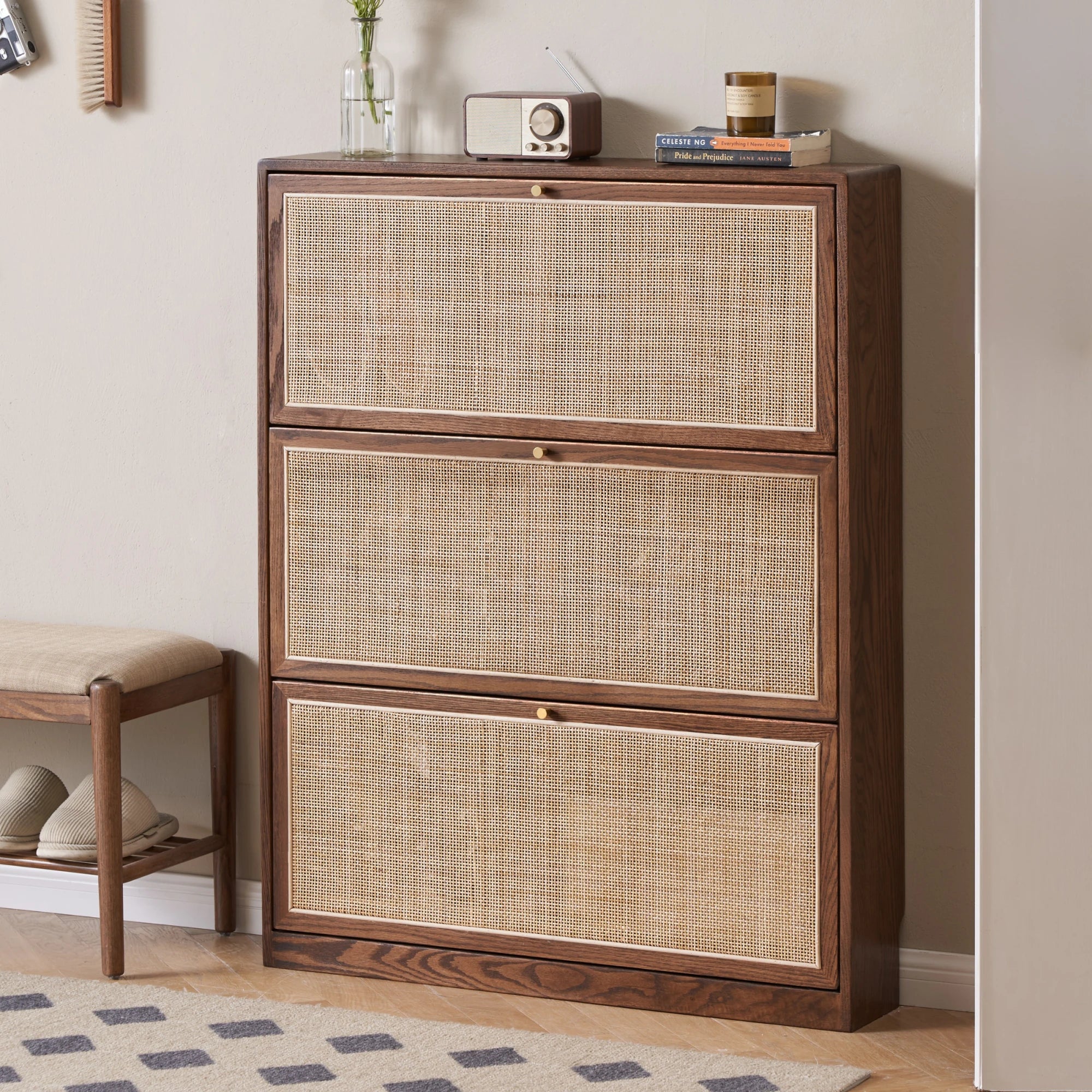 Solidwood Calamo Rattan Shoe Cabinet 88cm, Dark Wood