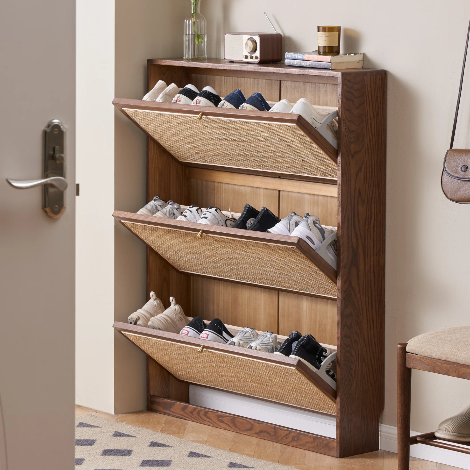 Solidwood Calamo Rattan Shoe Cabinet 88cm, Dark Wood