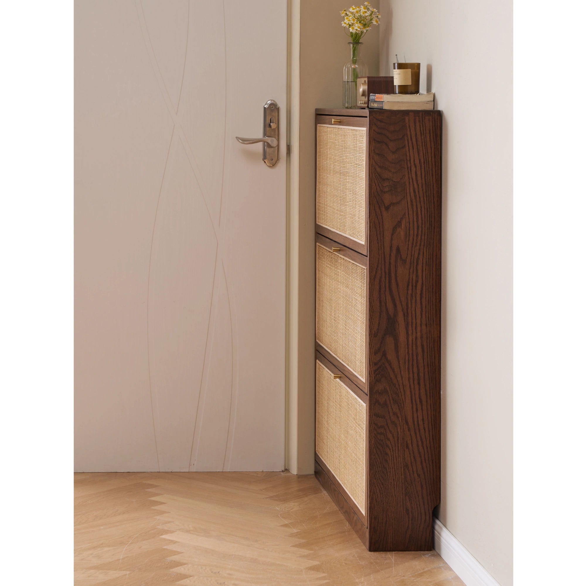 Solidwood Calamo Rattan Shoe Cabinet 88cm, Dark Wood