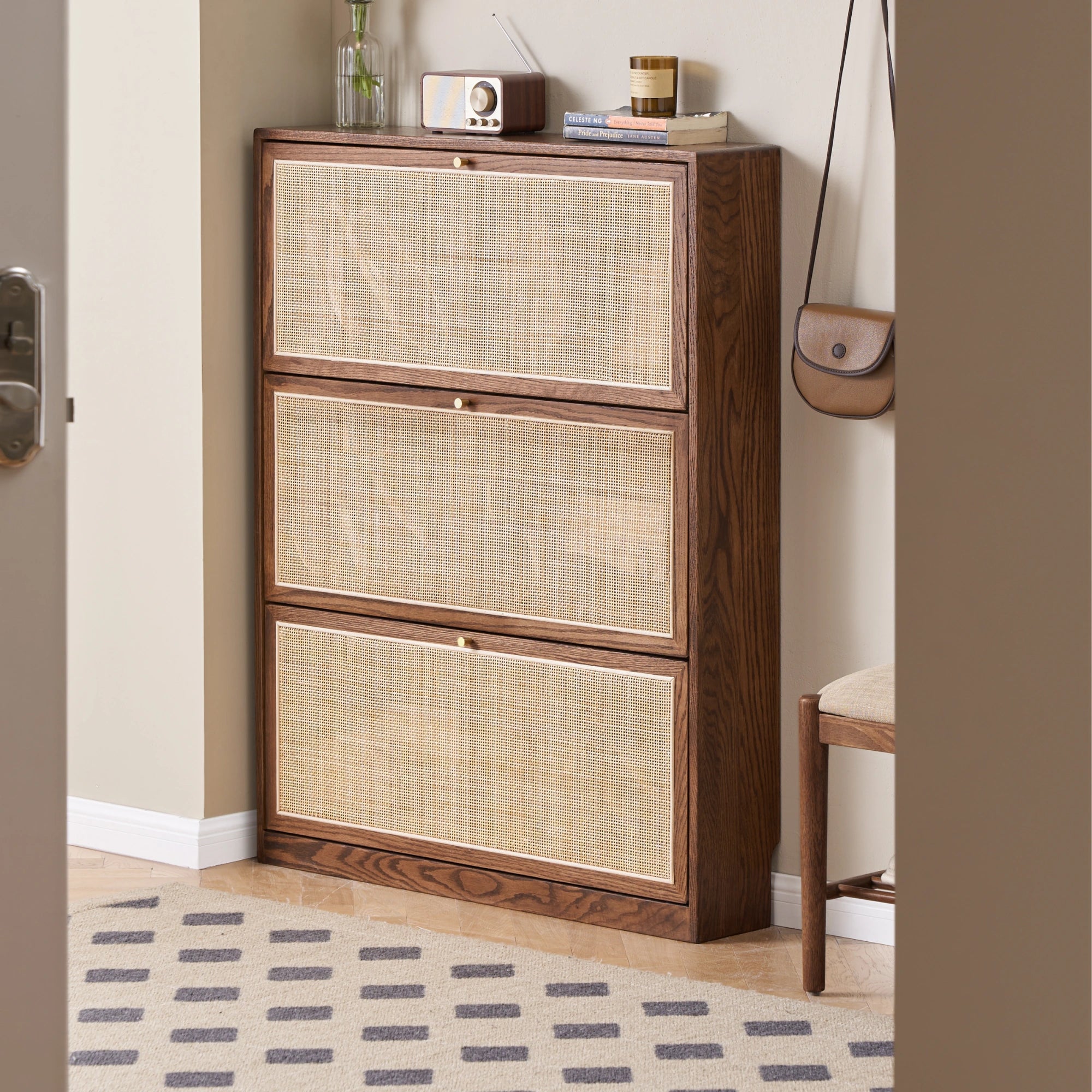 Solidwood Calamo Rattan Shoe Cabinet 88cm, Dark Wood