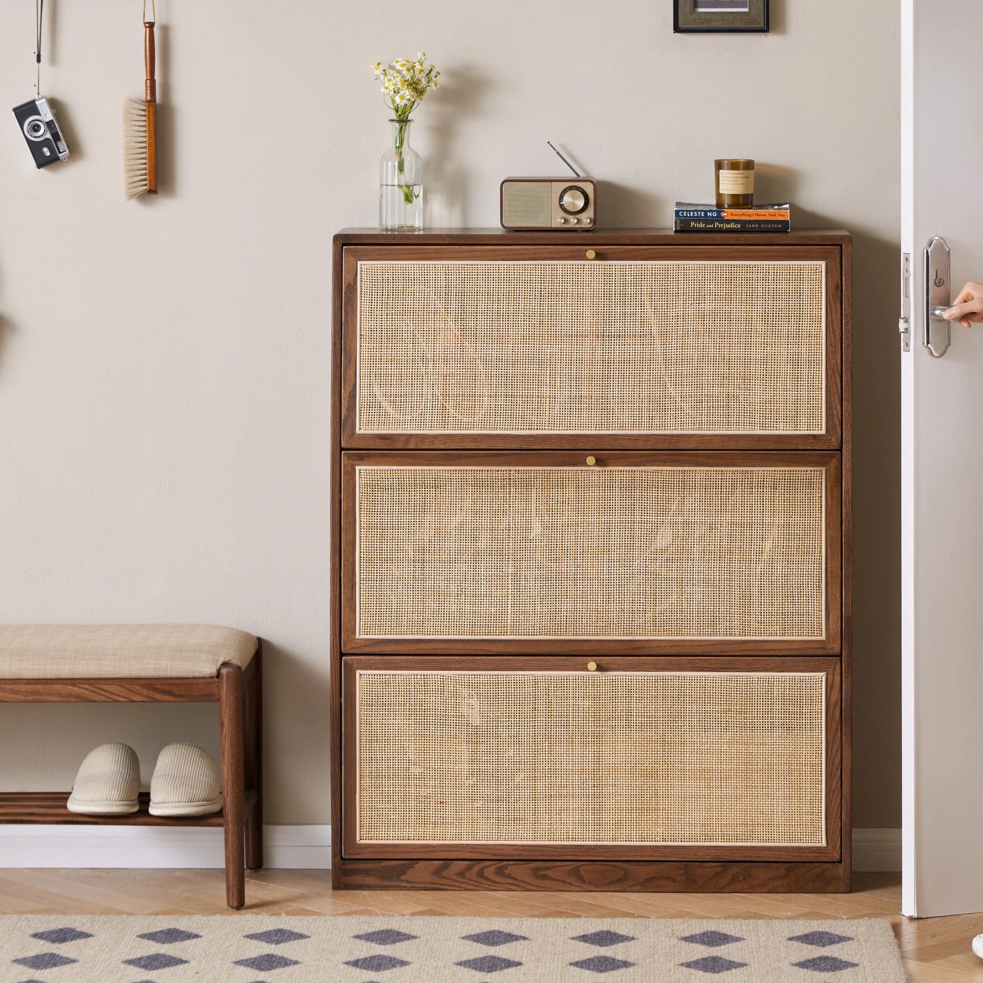 Solidwood Calamo Rattan Shoe Cabinet 88cm, Dark Wood