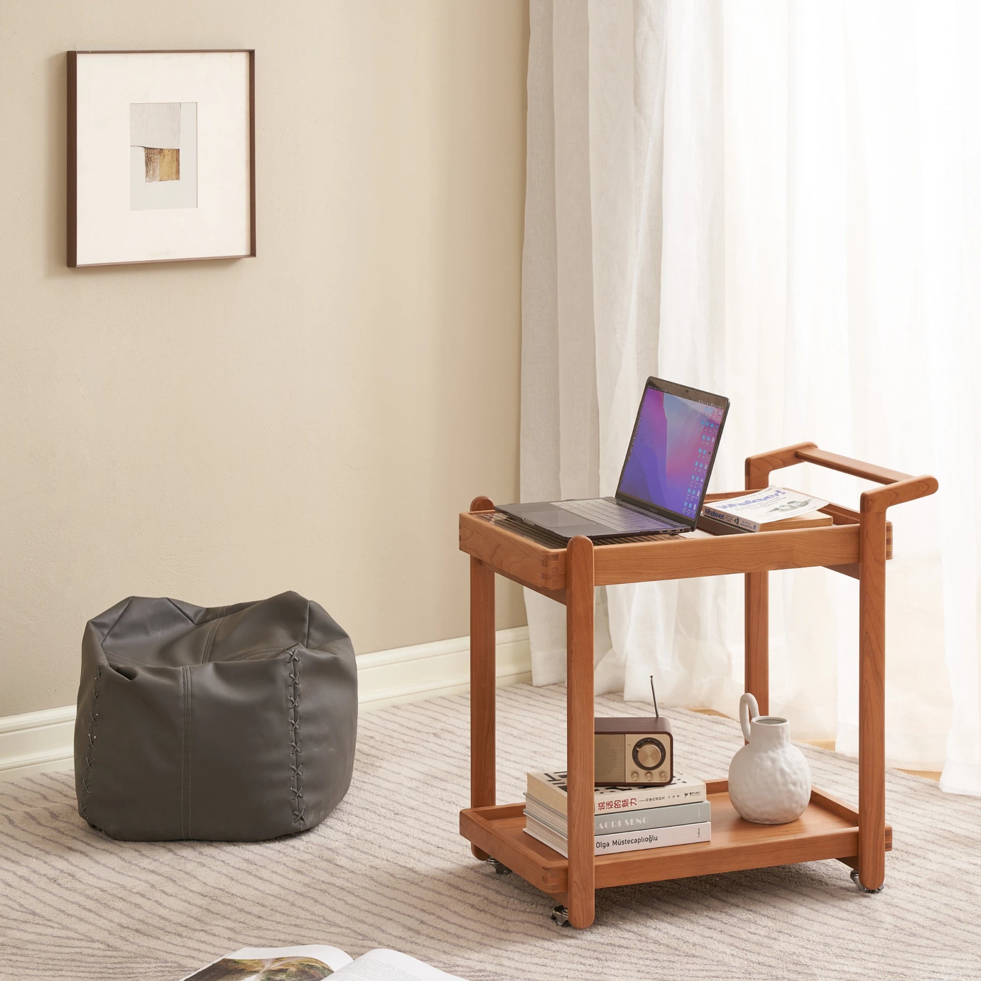 Solidwood Quartz Cherry Movable Side Table with Glass Tray