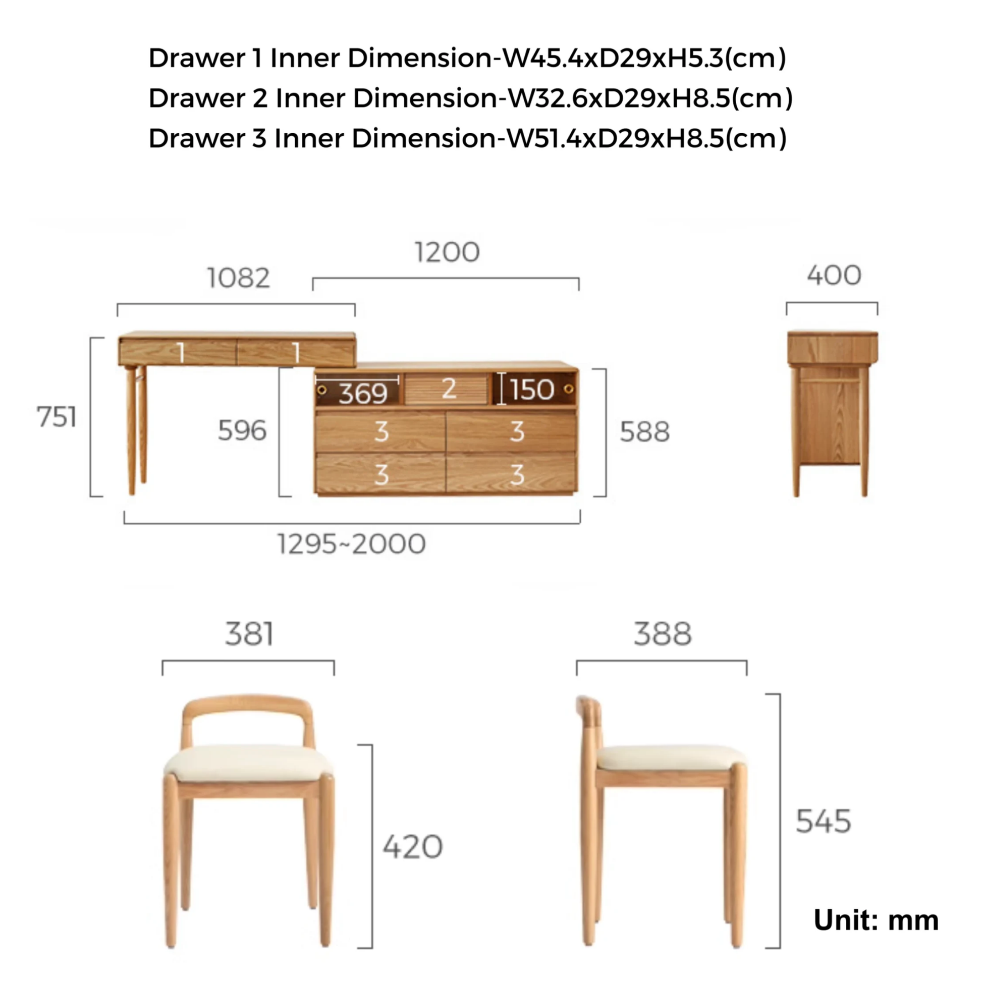Linspire Oaklyn Adjustable Dressing Table and Stool Set