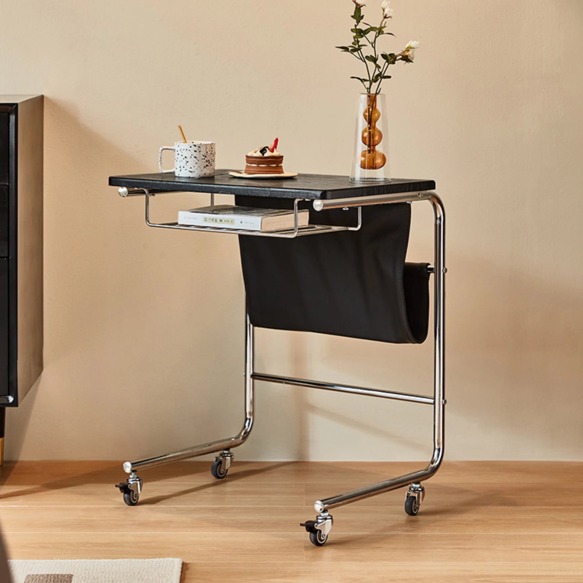 Linspire Trend Rolling Side Table with Storage, Black